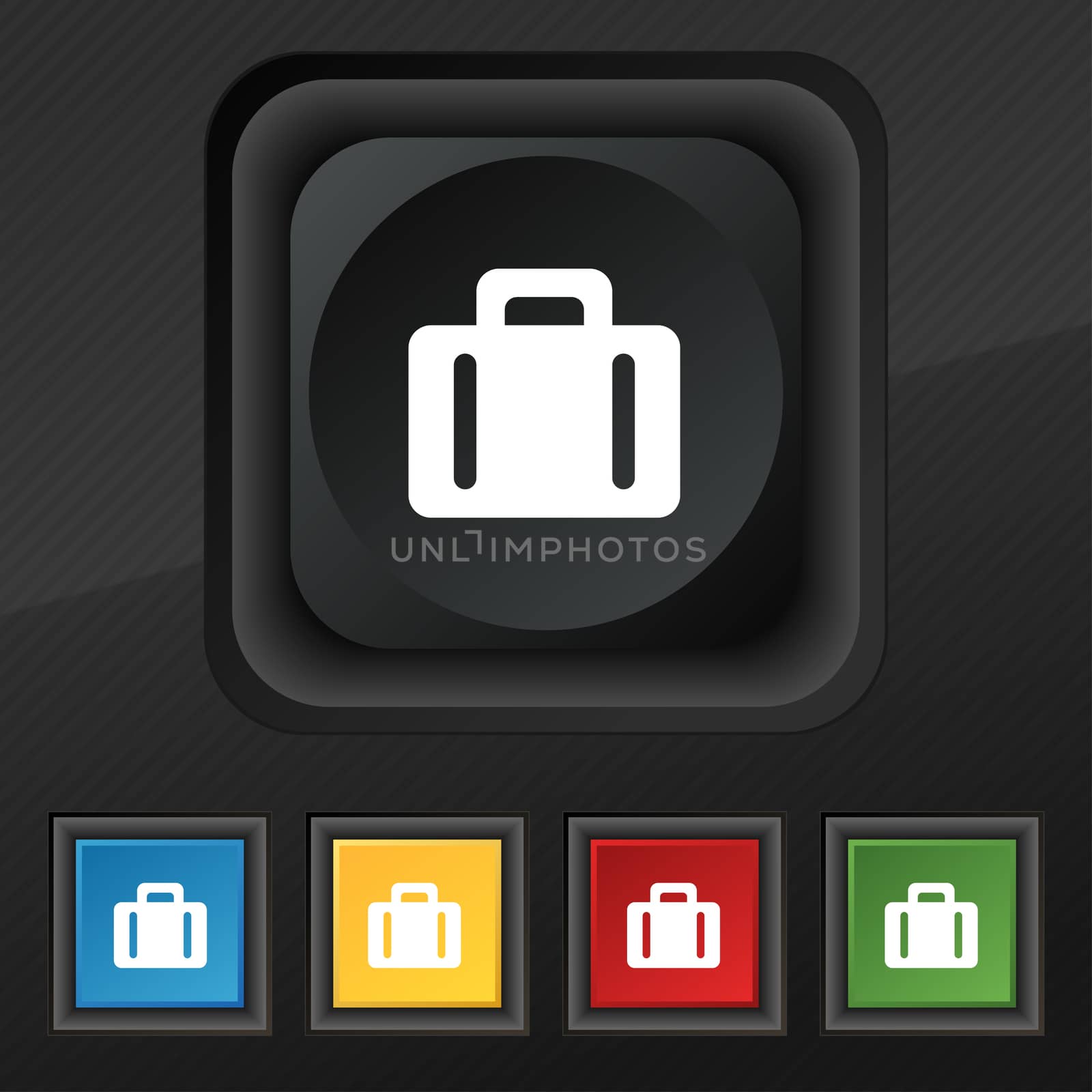 suitcase icon symbol. Set of five colorful, stylish buttons on black texture for your design.  by serhii_lohvyniuk