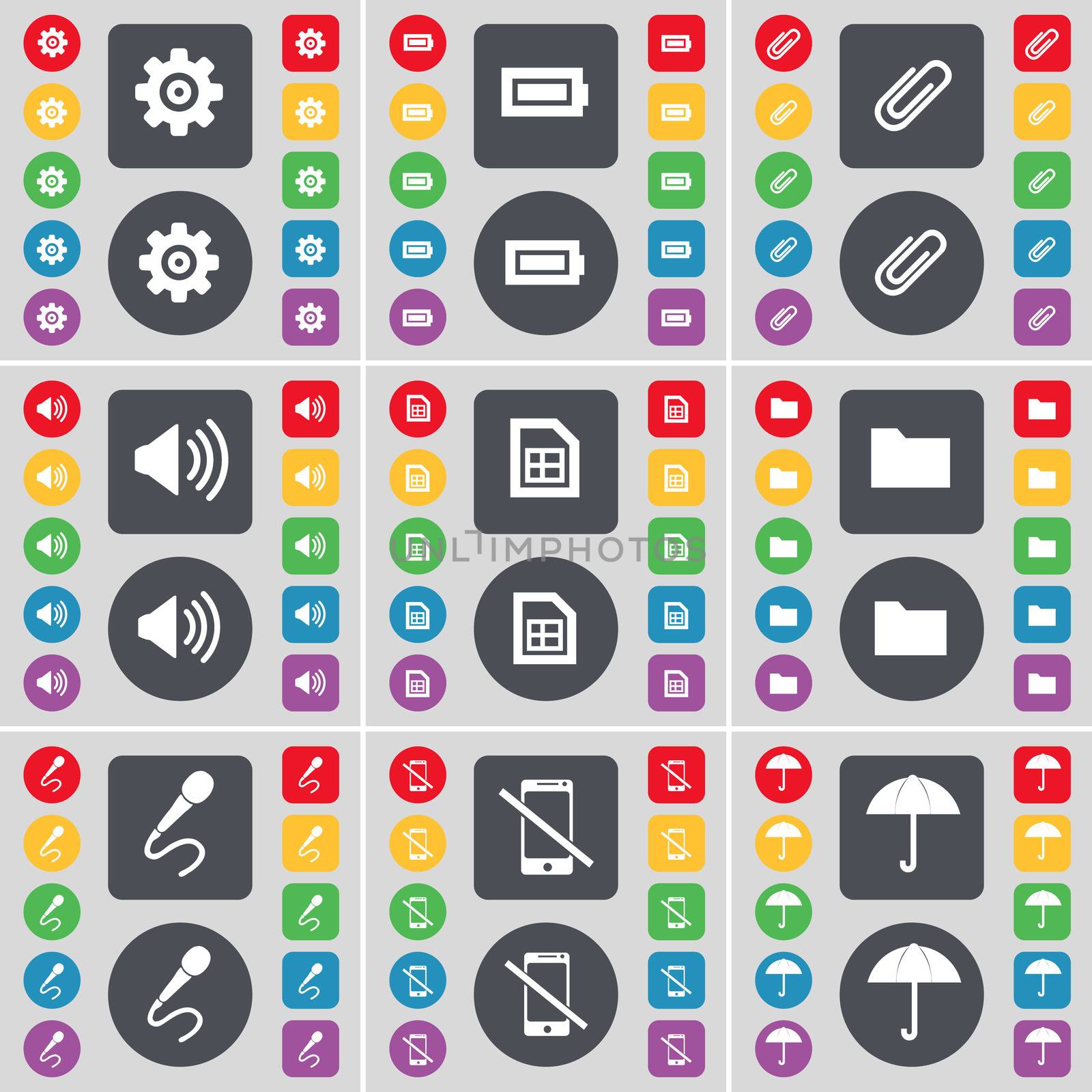 Gear, Battery, Clip, Sound, File, Folder, Microphone, Smartphone, Umbrella icon symbol. A large set of flat, colored buttons for your design. illustration