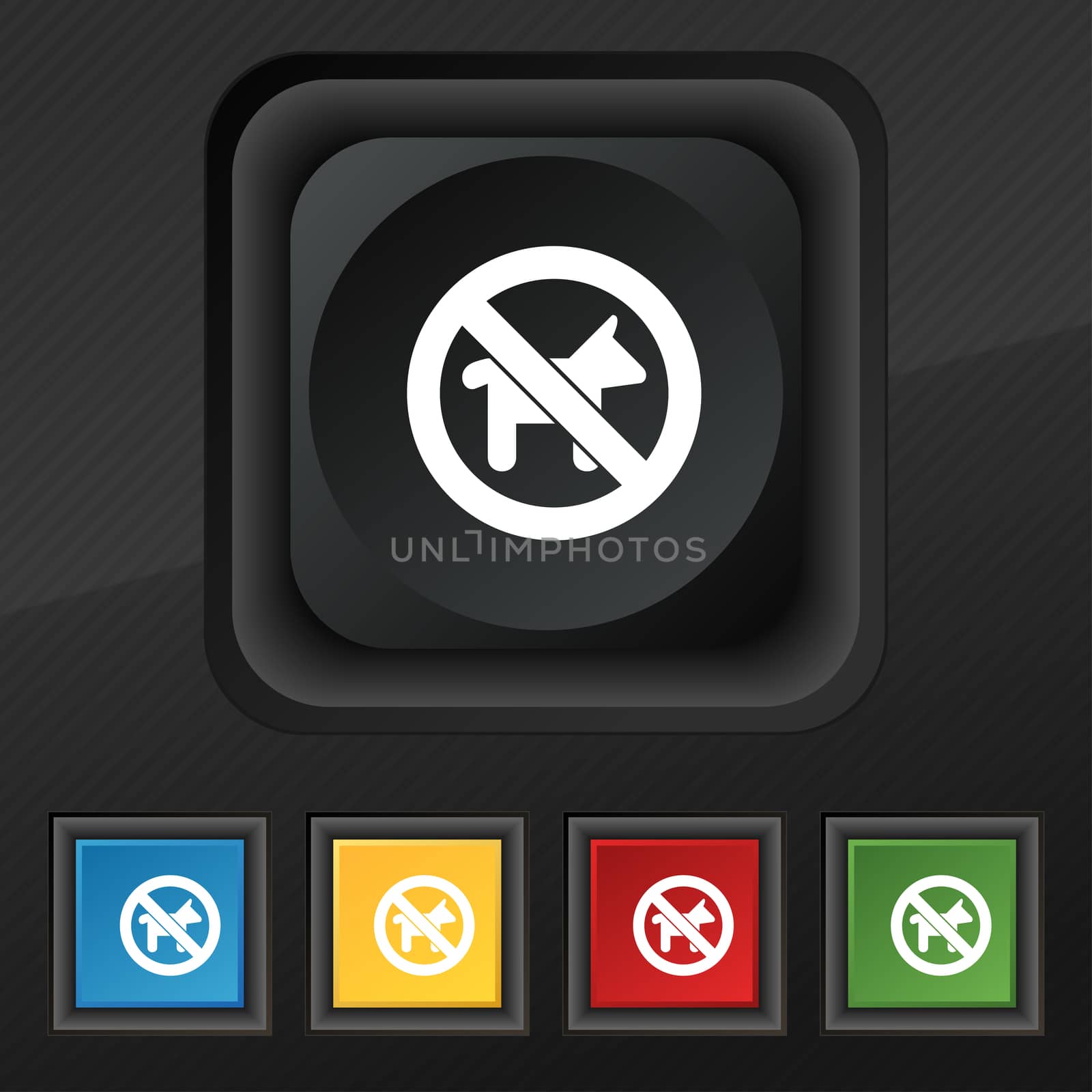 dog walking is prohibited icon symbol. Set of five colorful, stylish buttons on black texture for your design. illustration