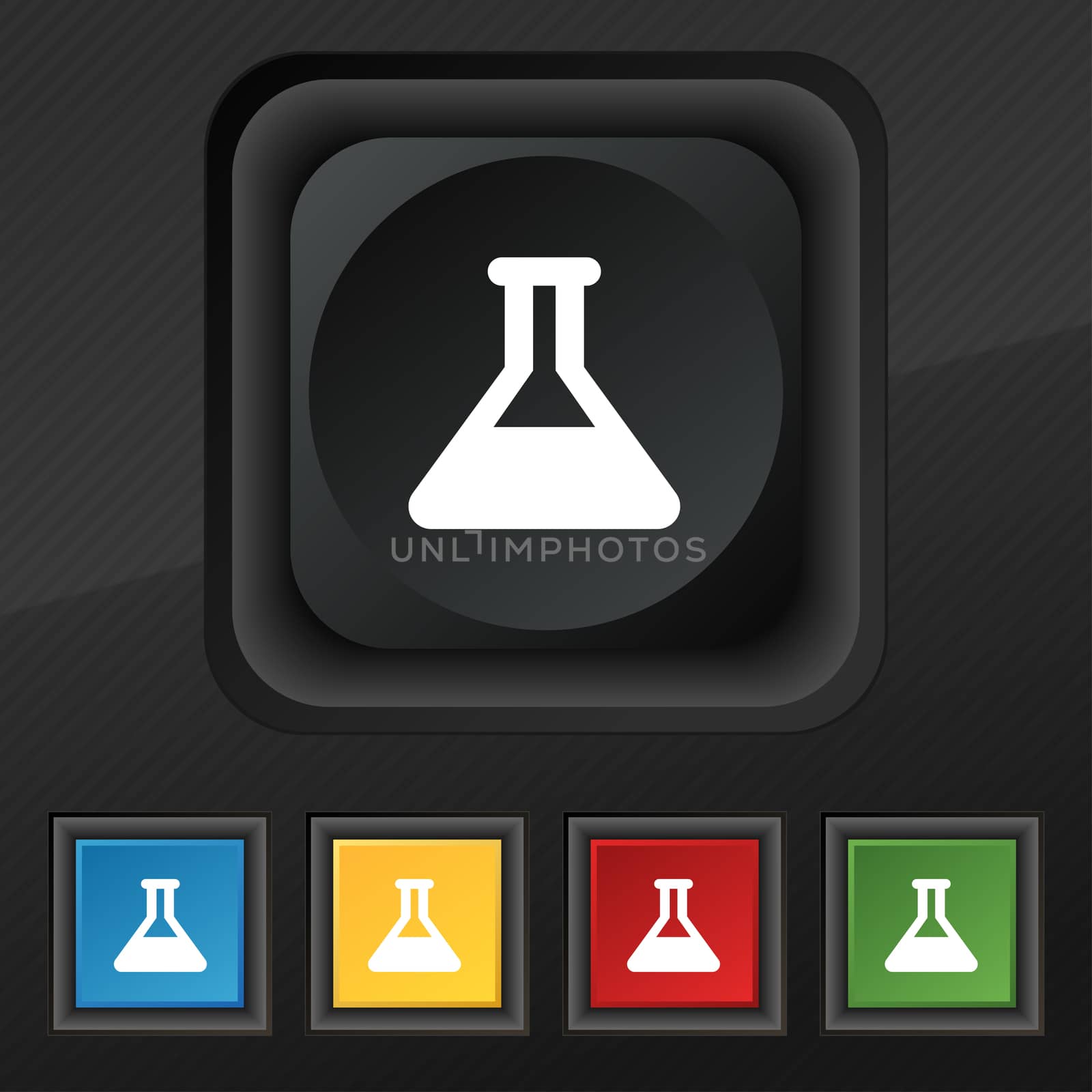 Conical Flask icon symbol. Set of five colorful, stylish buttons on black texture for your design.  by serhii_lohvyniuk