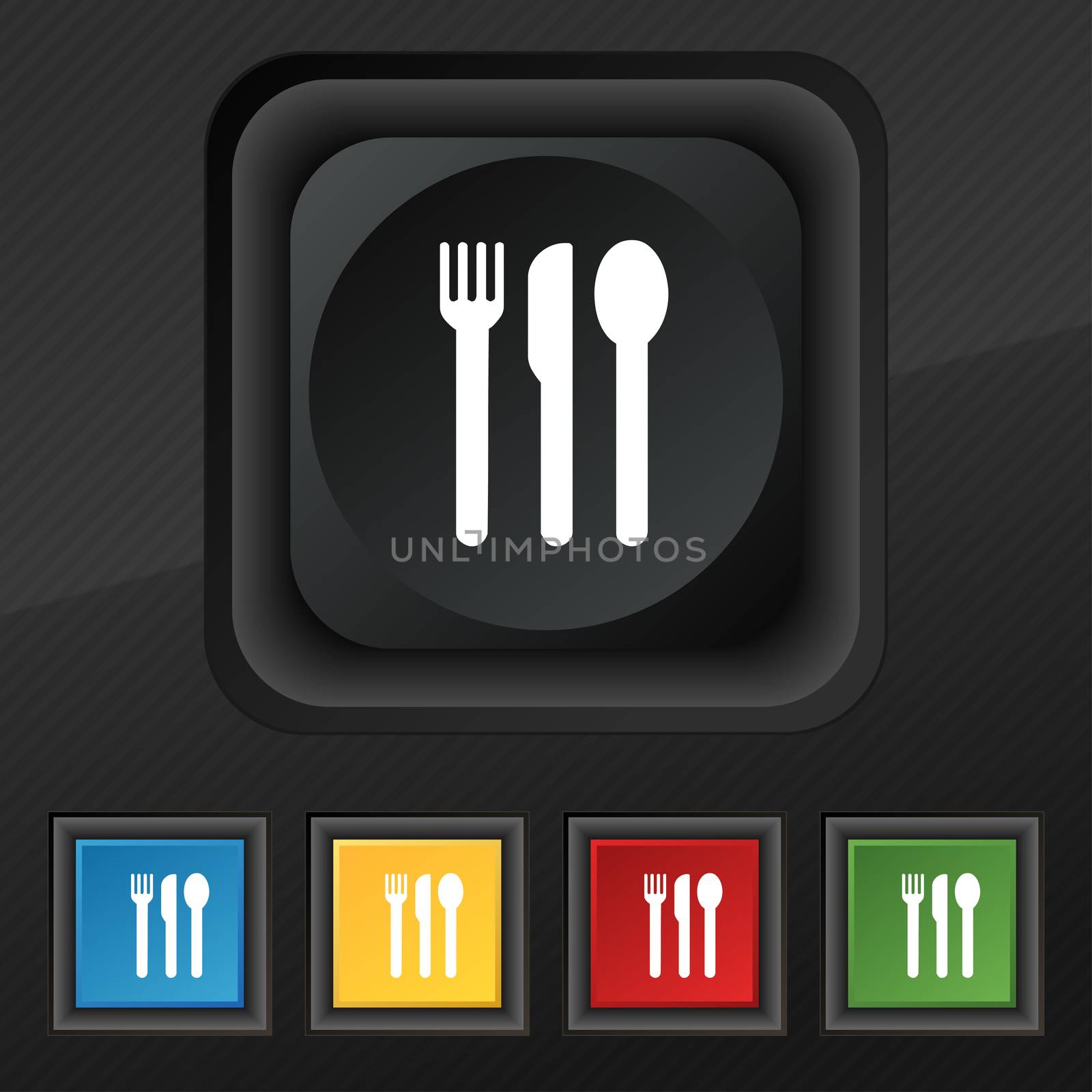 fork, knife, spoon icon symbol. Set of five colorful, stylish buttons on black texture for your design.  by serhii_lohvyniuk