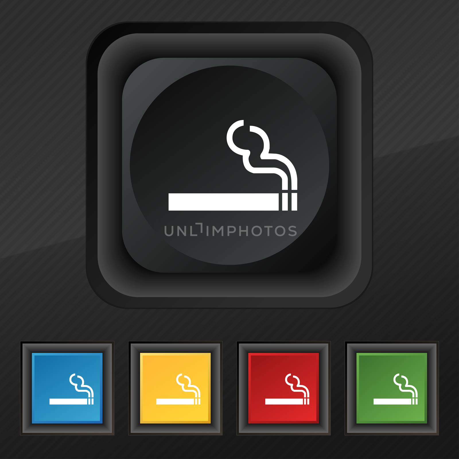cigarette smoke icon symbol. Set of five colorful, stylish buttons on black texture for your design.  by serhii_lohvyniuk