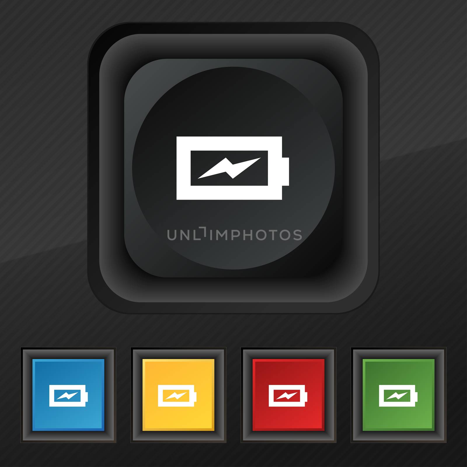 Battery charging icon symbol. Set of five colorful, stylish buttons on black texture for your design.  by serhii_lohvyniuk
