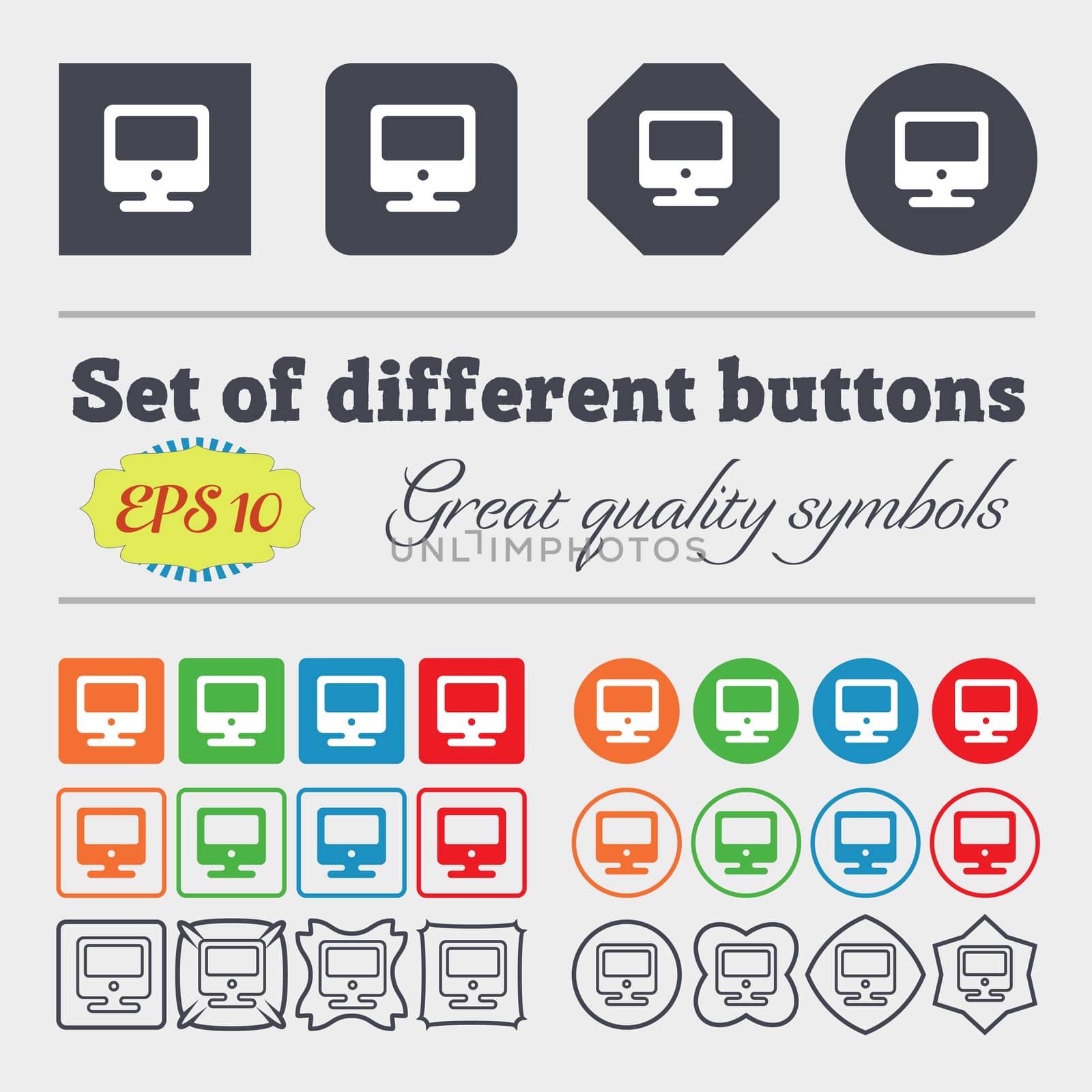 monitor icon sign. Big set of colorful, diverse, high-quality buttons. illustration