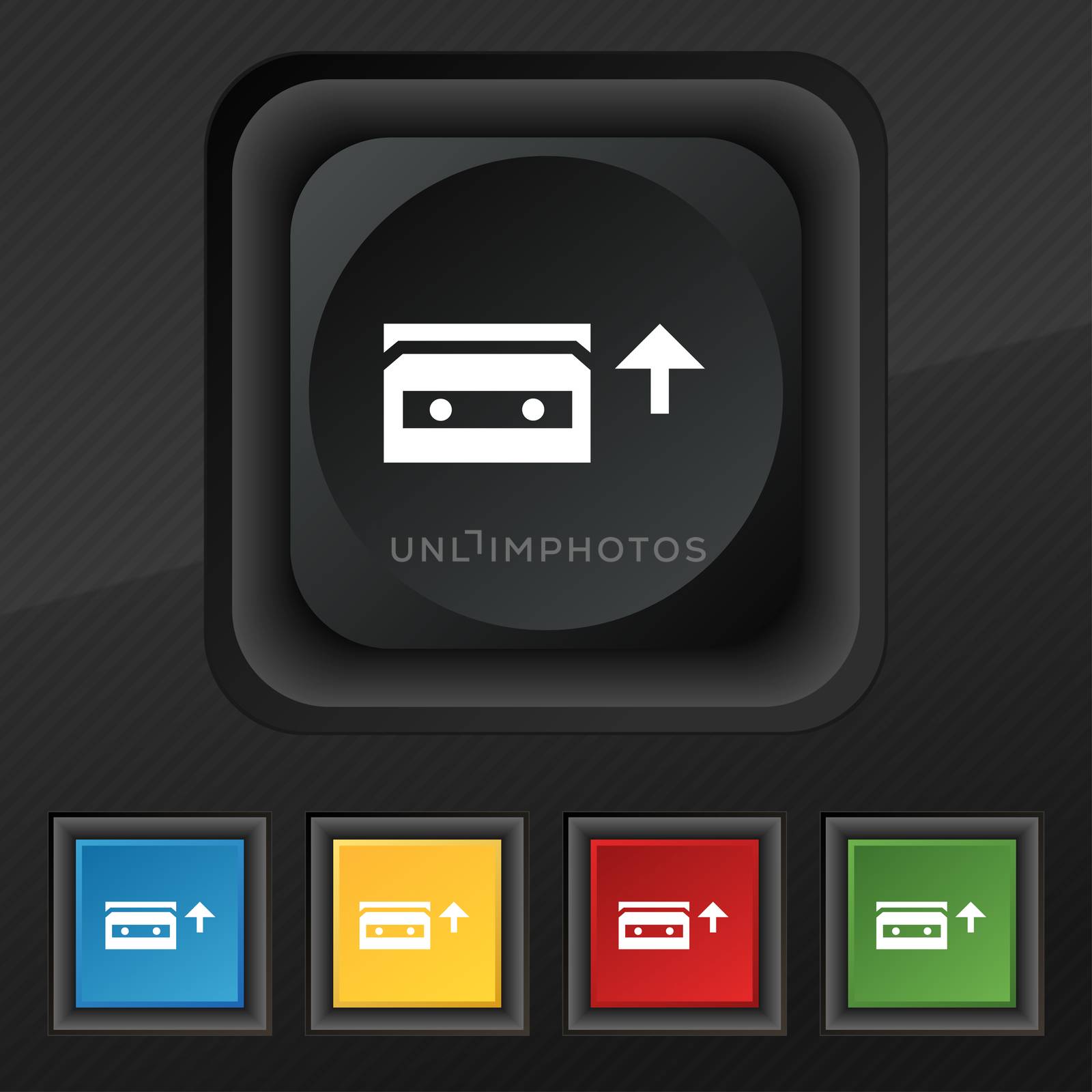 audio cassette icon symbol. Set of five colorful, stylish buttons on black texture for your design.  by serhii_lohvyniuk