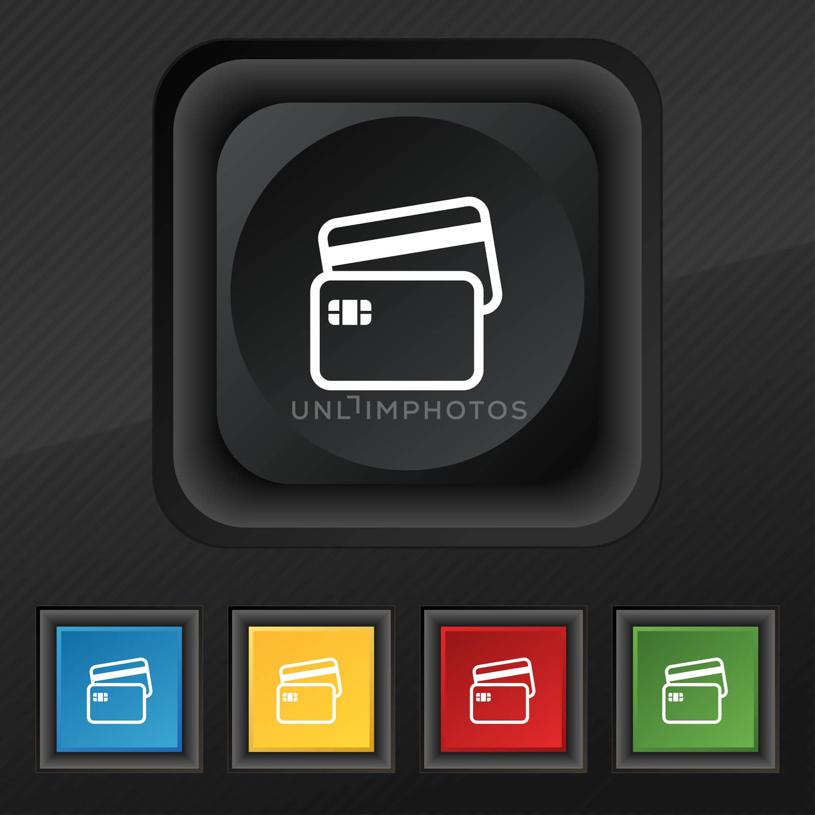Credit card icon symbol. Set of five colorful, stylish buttons on black texture for your design.  by serhii_lohvyniuk