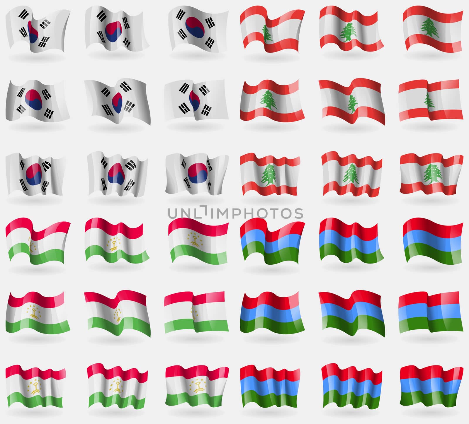 Korea South, Lebanon, Tajikistan, Karelia. Set of 36 flags of the countries of the world. illustration