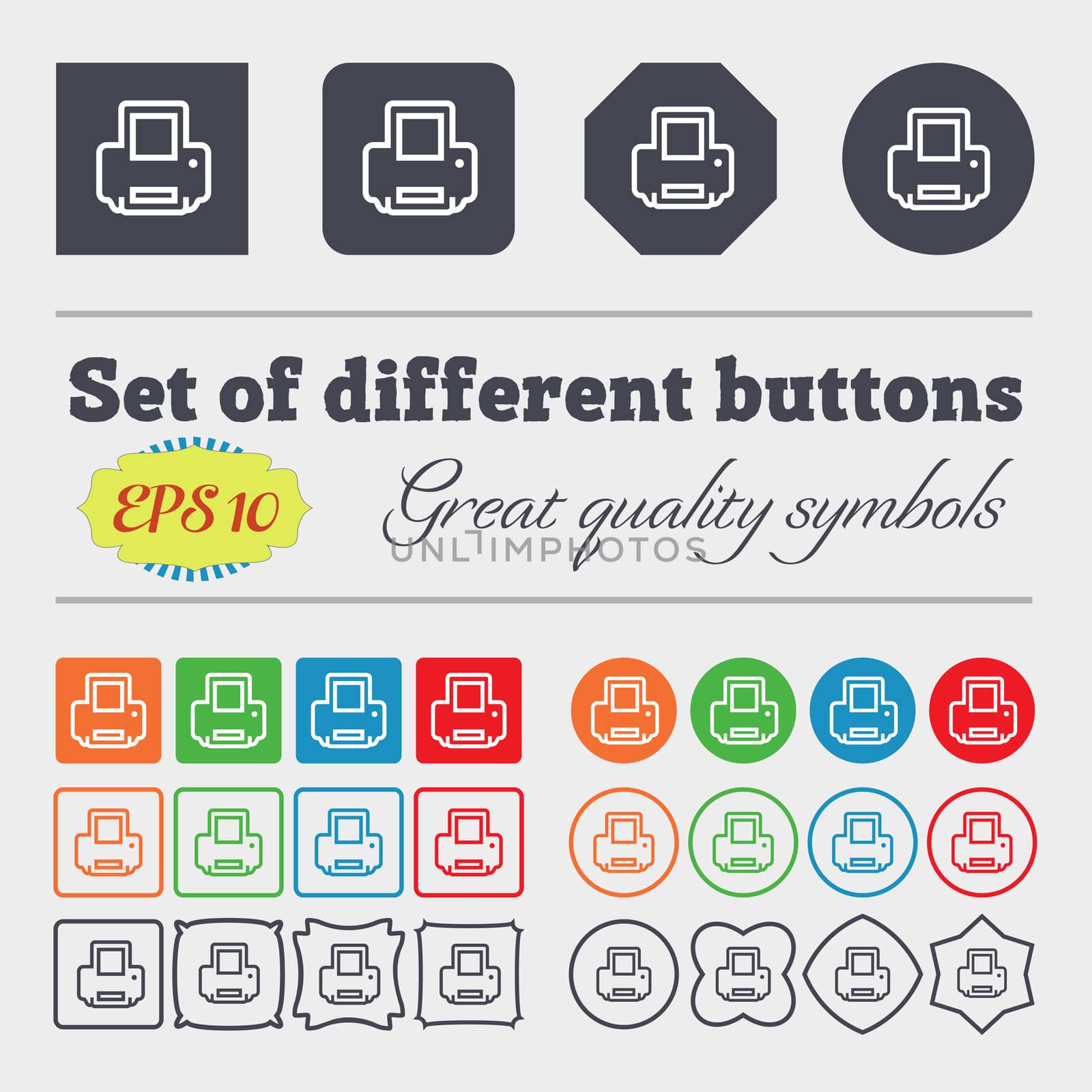 Printing icon sign. Big set of colorful, diverse, high-quality buttons. illustration