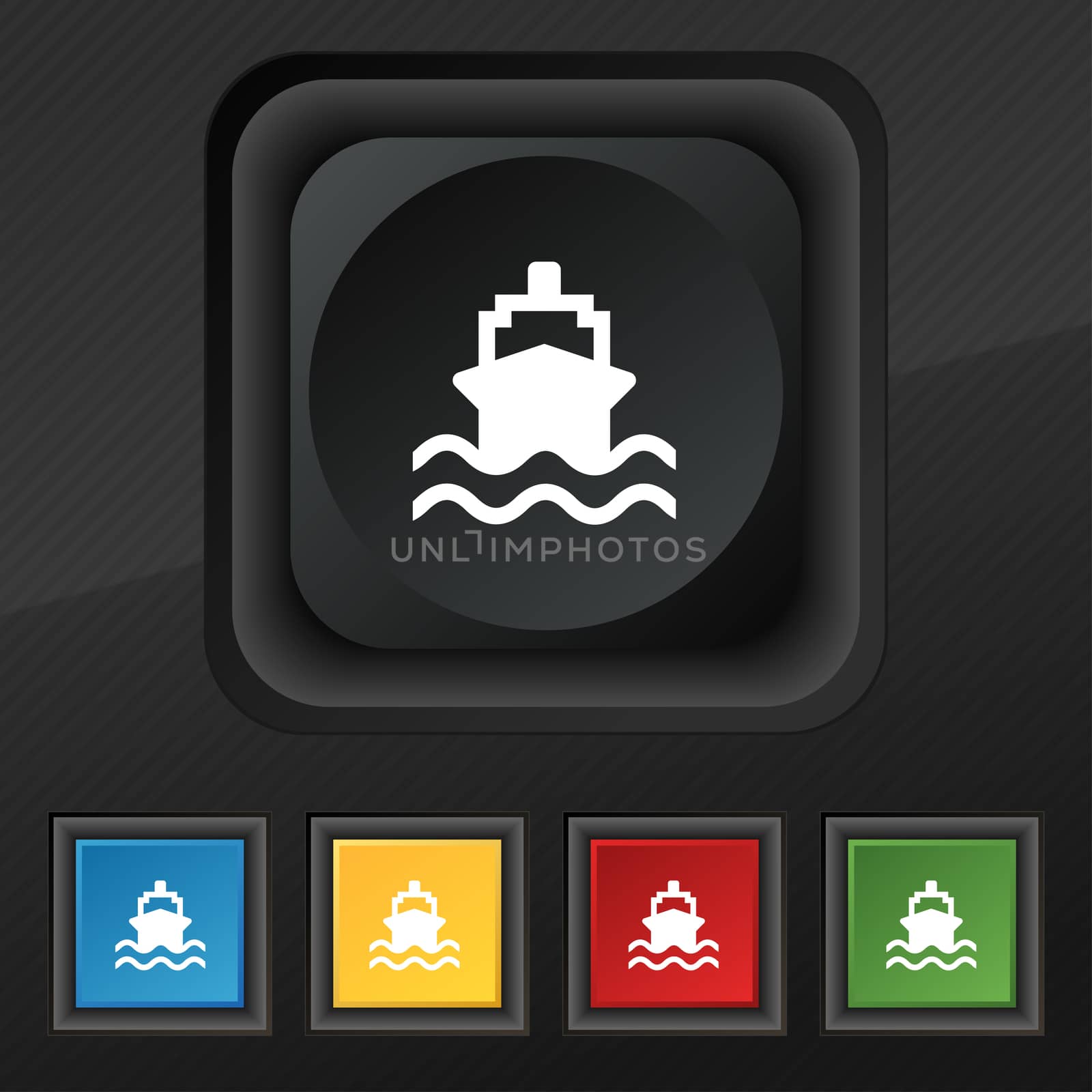 ship icon symbol. Set of five colorful, stylish buttons on black texture for your design.  by serhii_lohvyniuk