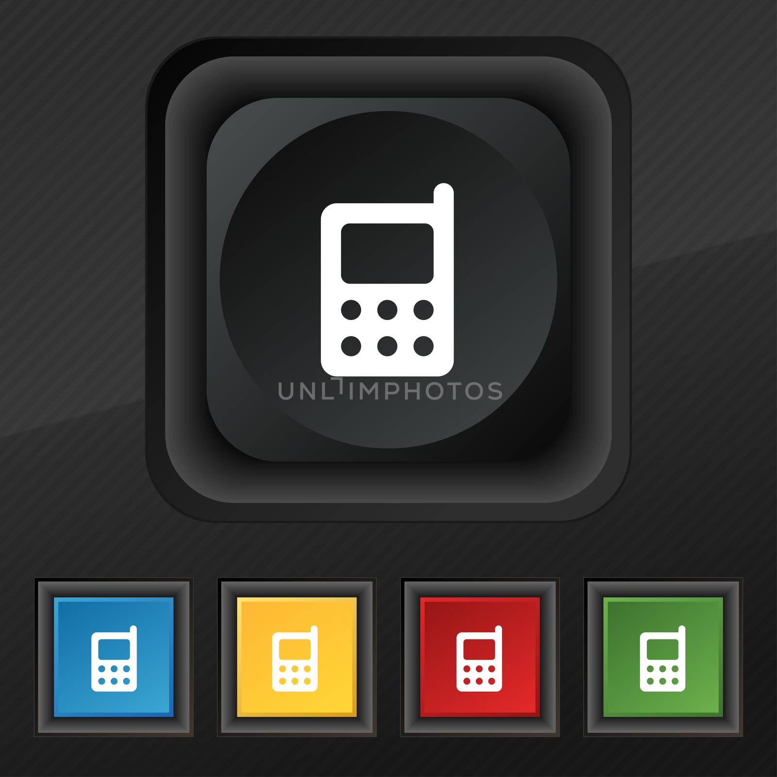 mobile phone icon symbol. Set of five colorful, stylish buttons on black texture for your design.  by serhii_lohvyniuk
