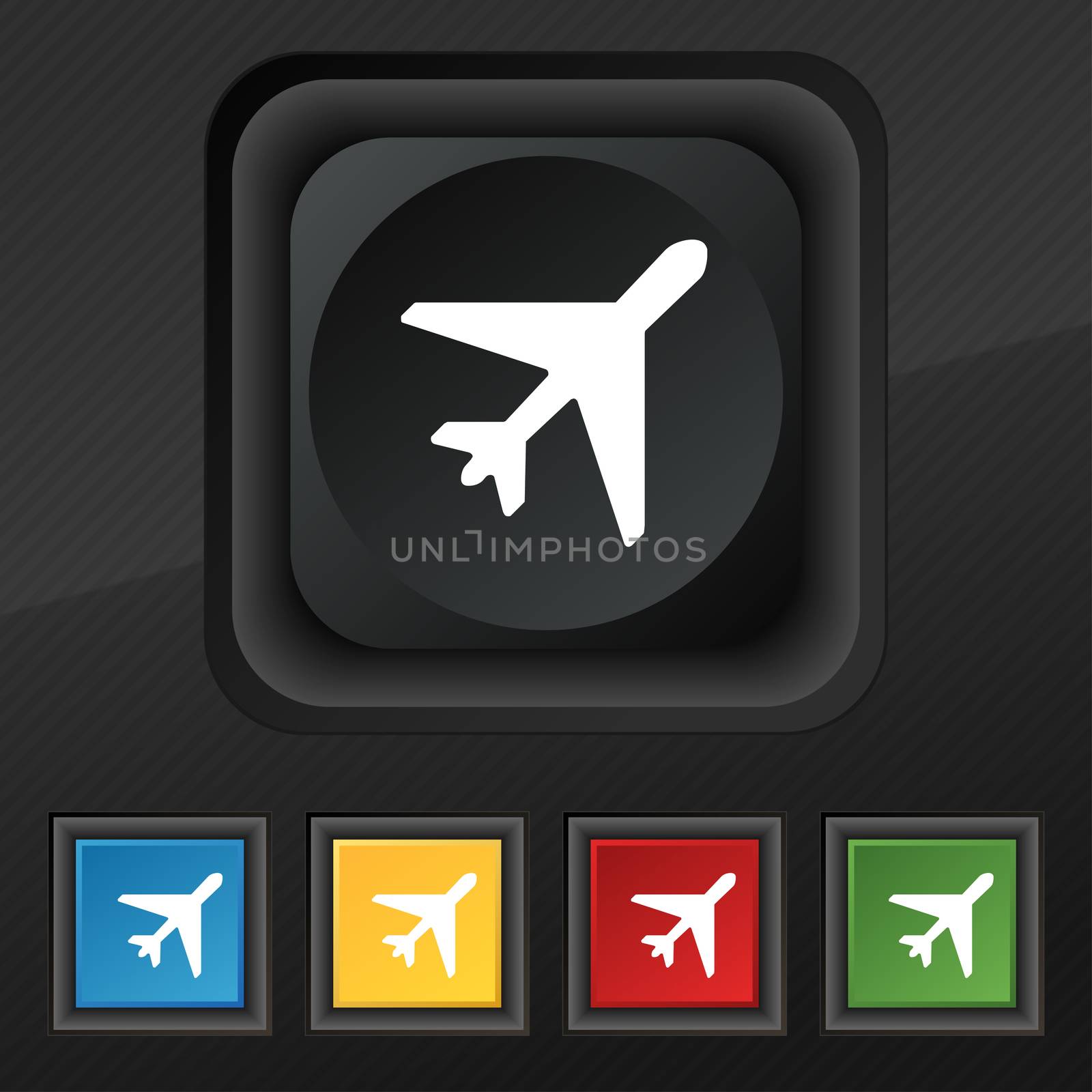 airplane icon symbol. Set of five colorful, stylish buttons on black texture for your design.  by serhii_lohvyniuk