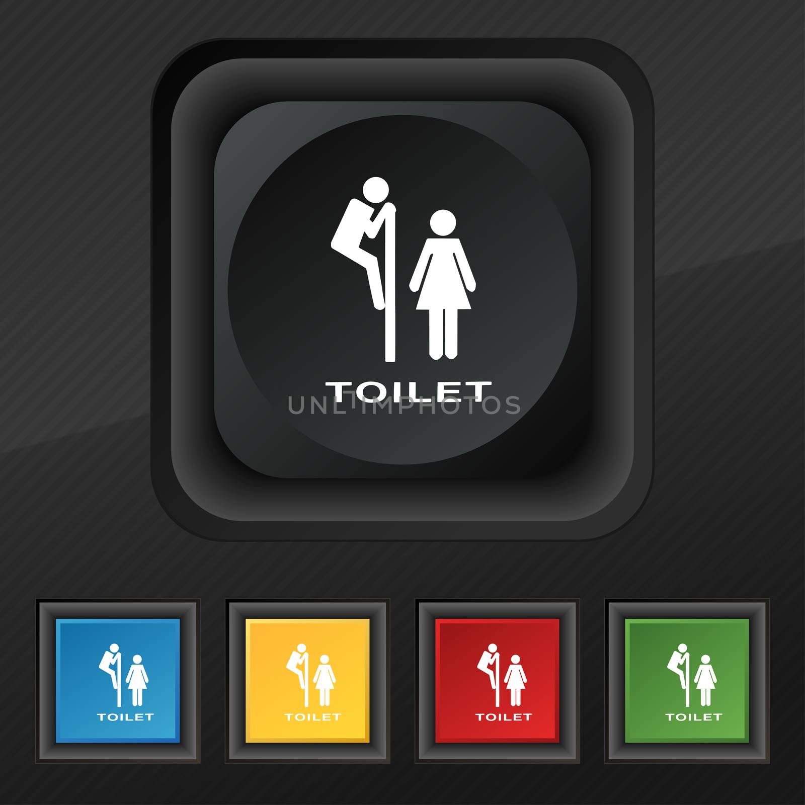 toilet icon symbol. Set of five colorful, stylish buttons on black texture for your design. illustration