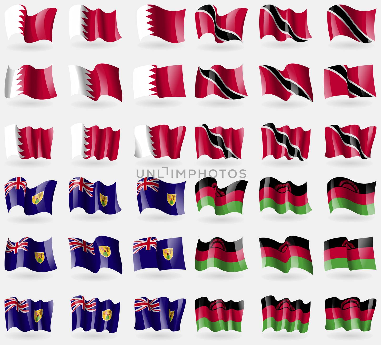 Bahrain, Trinidad and Tobago, Turks and Caicos, Malawi. Set of 36 flags of the countries of the world. illustration