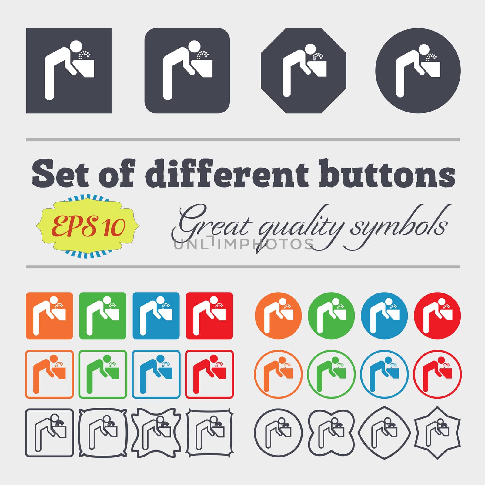 drinking fountain icon sign. Big set of colorful, diverse, high-quality buttons. illustration