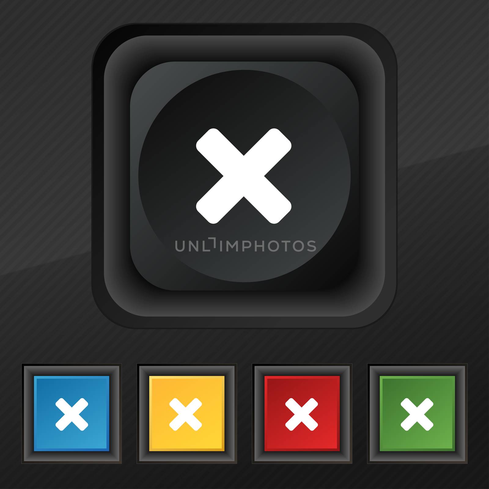 cancel, multiplication icon symbol. Set of five colorful, stylish buttons on black texture for your design. illustration