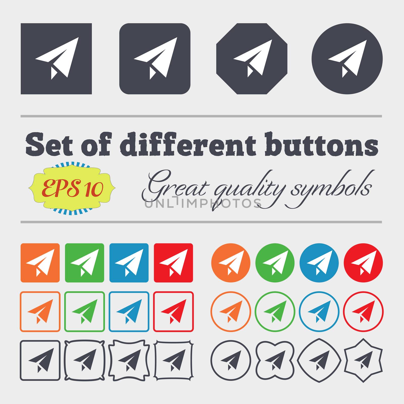 Paper airplane icon sign. Big set of colorful, diverse, high-quality buttons.  by serhii_lohvyniuk