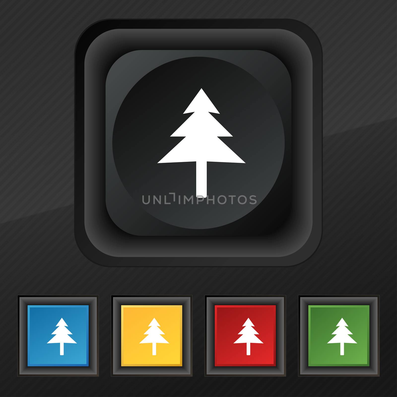 Christmas tree icon symbol. Set of five colorful, stylish buttons on black texture for your design.  by serhii_lohvyniuk