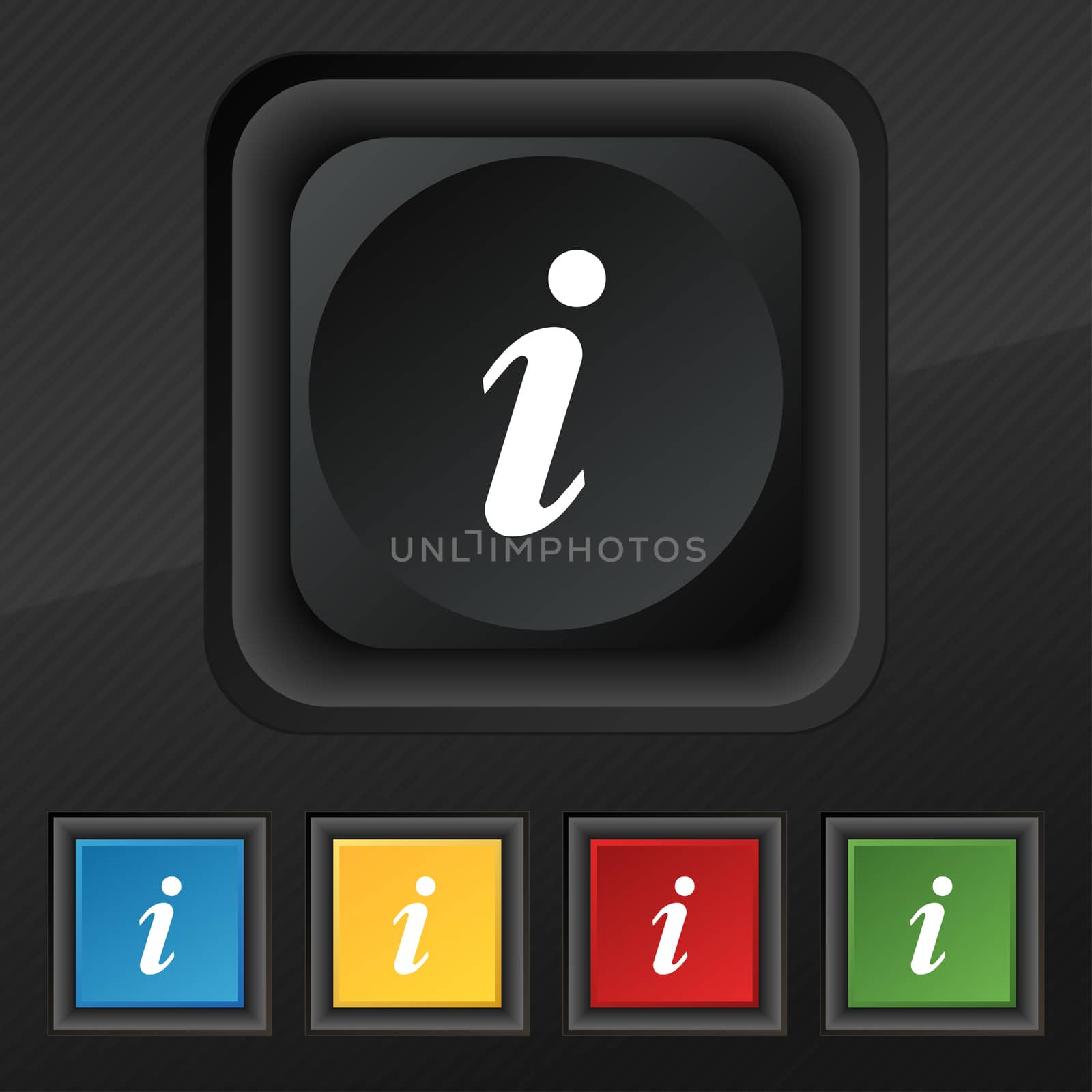 Information, Info icon symbol. Set of five colorful, stylish buttons on black texture for your design. illustration