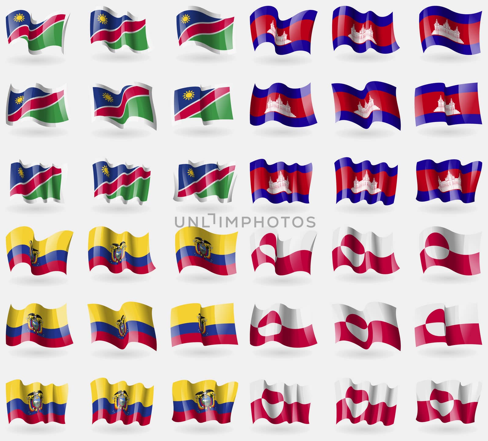 Namibia, Cambodia, Ecuador, Greenland. Set of 36 flags of the countries of the world.  by serhii_lohvyniuk