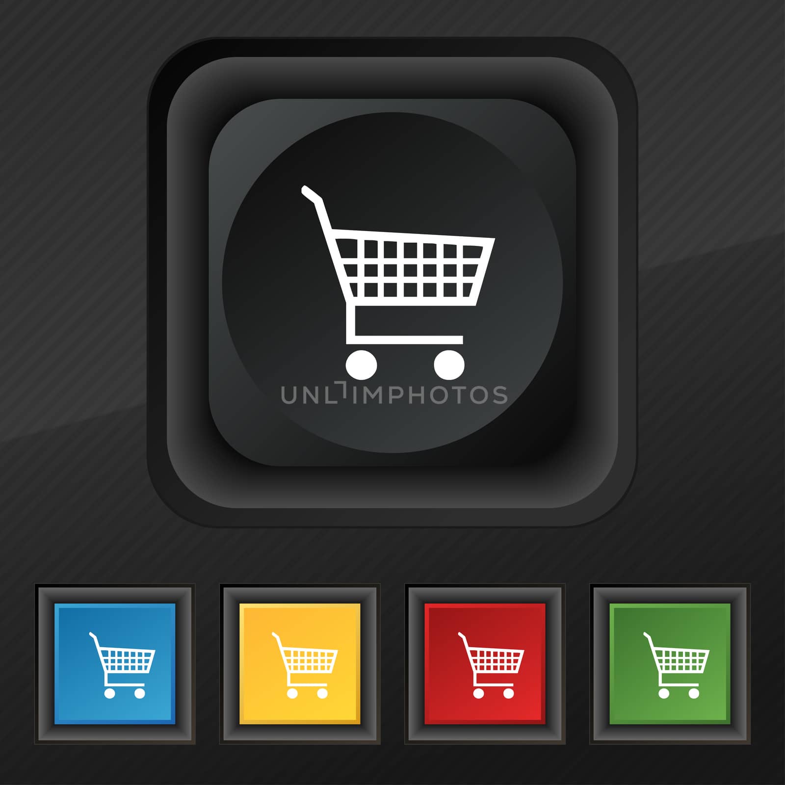 shopping cart icon symbol. Set of five colorful, stylish buttons on black texture for your design.  by serhii_lohvyniuk