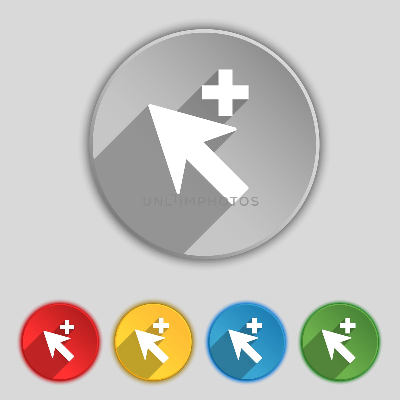 Cursor, arrow plus, add icon sign. Symbol on five flat buttons.  by serhii_lohvyniuk
