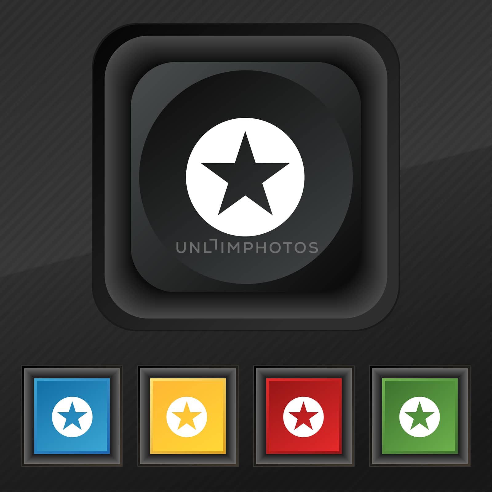 Star, Favorite icon symbol. Set of five colorful, stylish buttons on black texture for your design.  by serhii_lohvyniuk