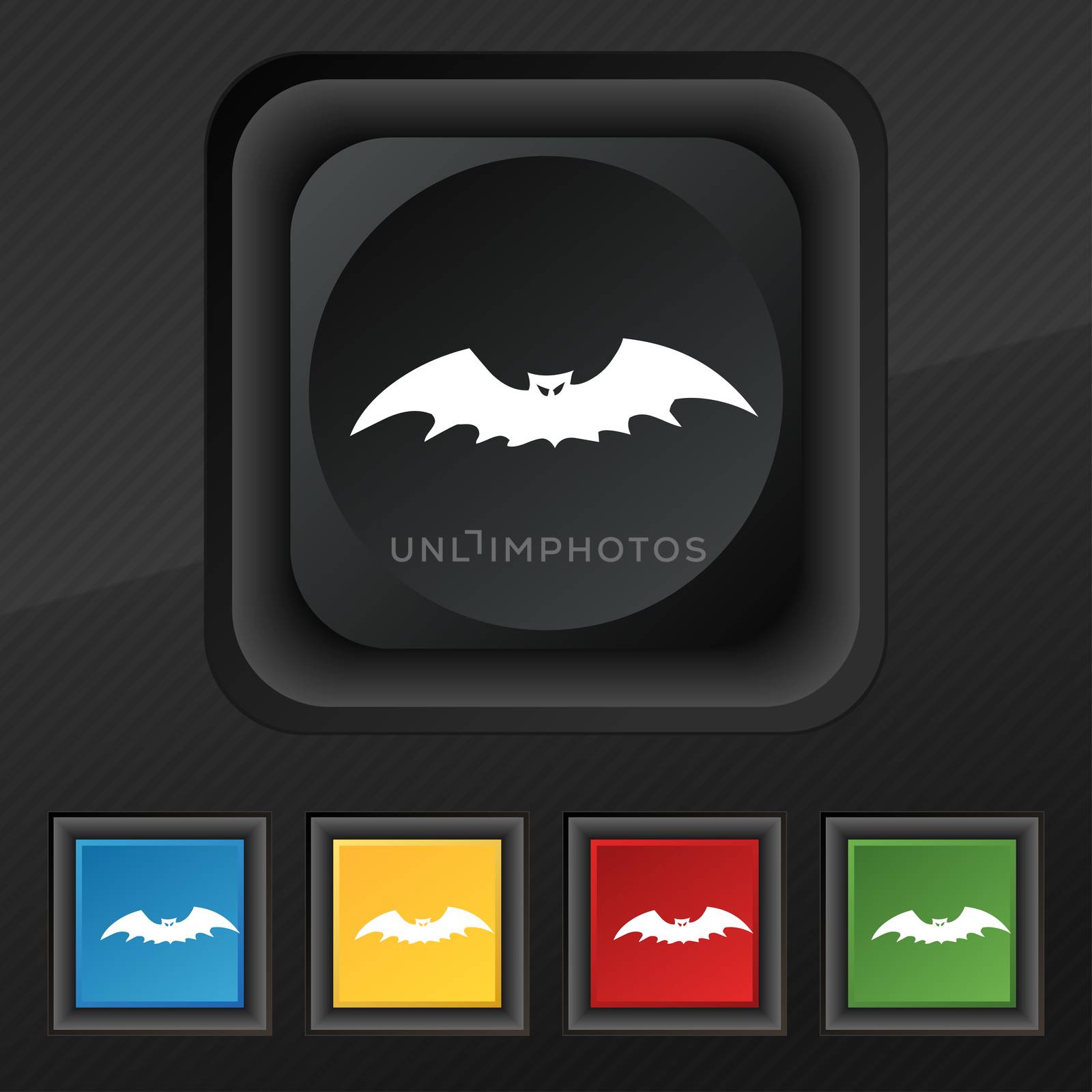 bat icon symbol. Set of five colorful, stylish buttons on black texture for your design.  by serhii_lohvyniuk