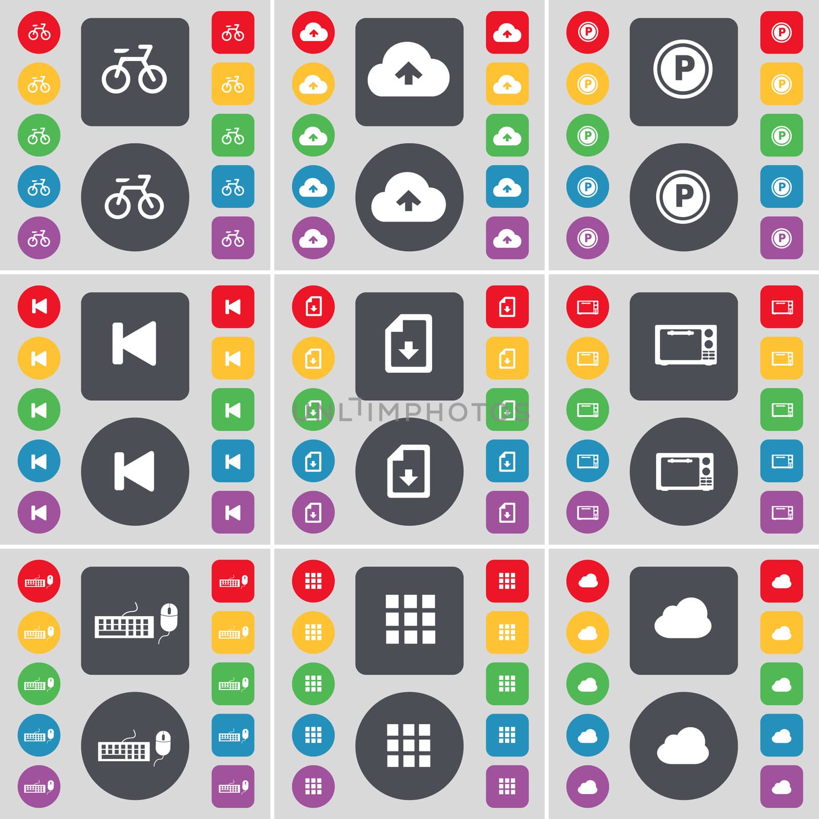 Bicycle, Cloud, Parking, Media skip, Download file, Microphone, Keyboard, Apps, Cloud icon symbol. A large set of flat, colored buttons for your design. illustration