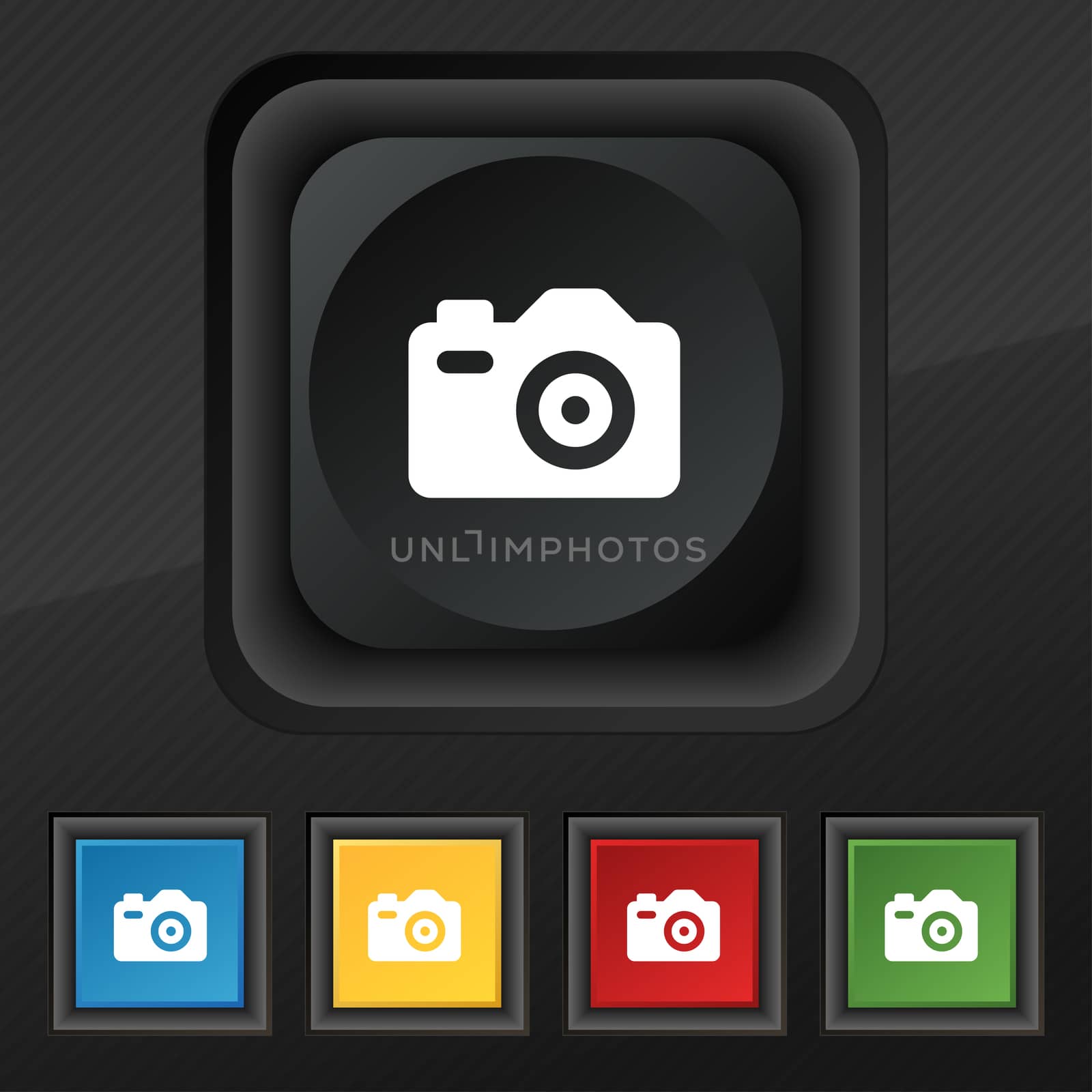 Photo Camera icon symbol. Set of five colorful, stylish buttons on black texture for your design.  by serhii_lohvyniuk