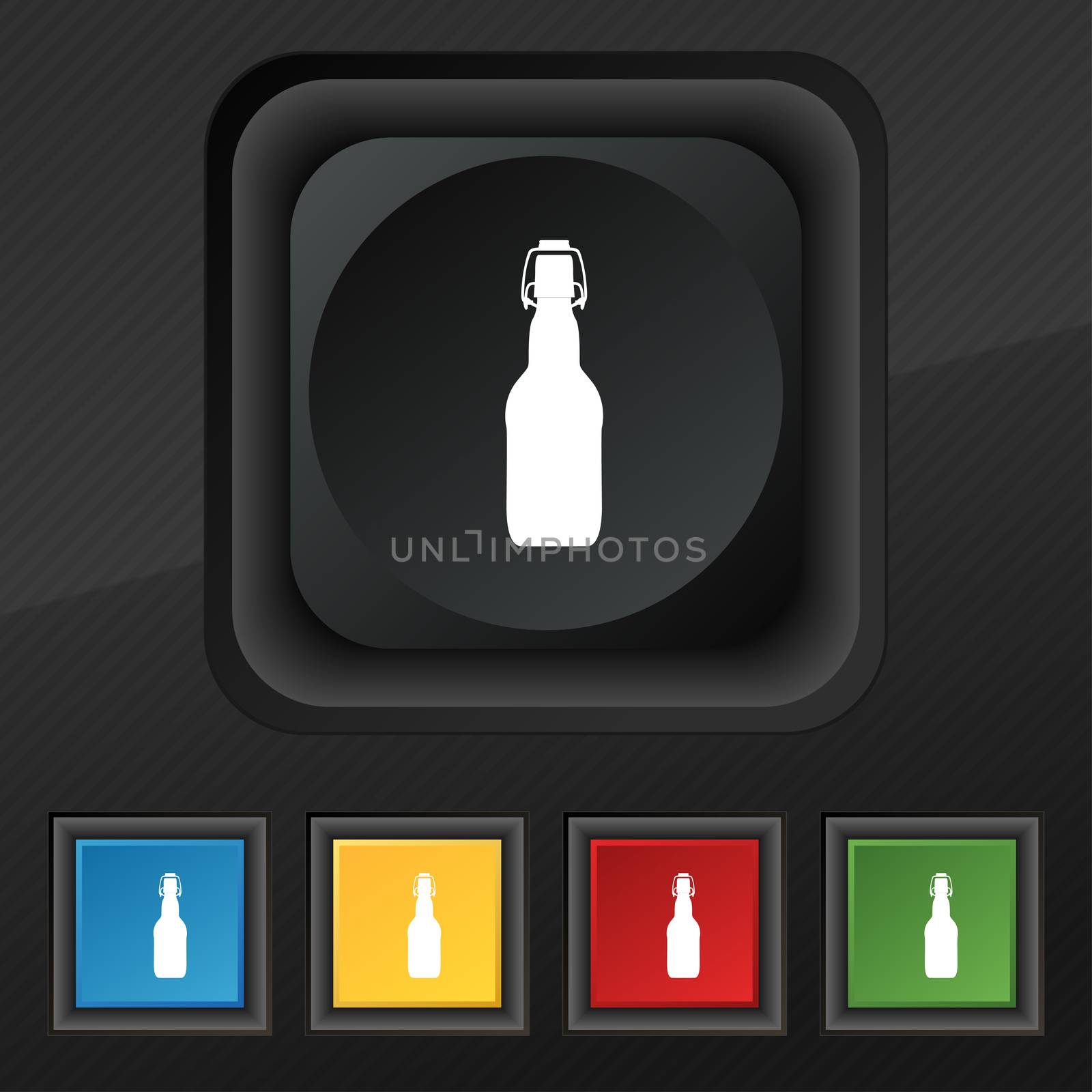 bottle icon symbol. Set of five colorful, stylish buttons on black texture for your design.  by serhii_lohvyniuk