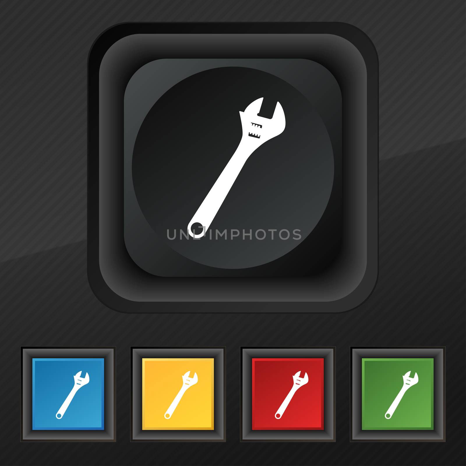wrench icon symbol. Set of five colorful, stylish buttons on black texture for your design.  by serhii_lohvyniuk