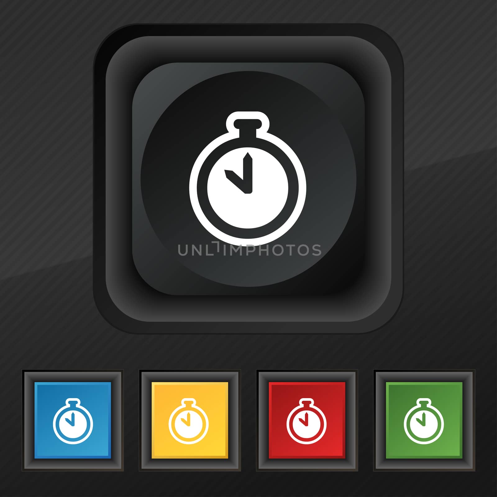 The stopwatch icon symbol. Set of five colorful, stylish buttons on black texture for your design.  by serhii_lohvyniuk