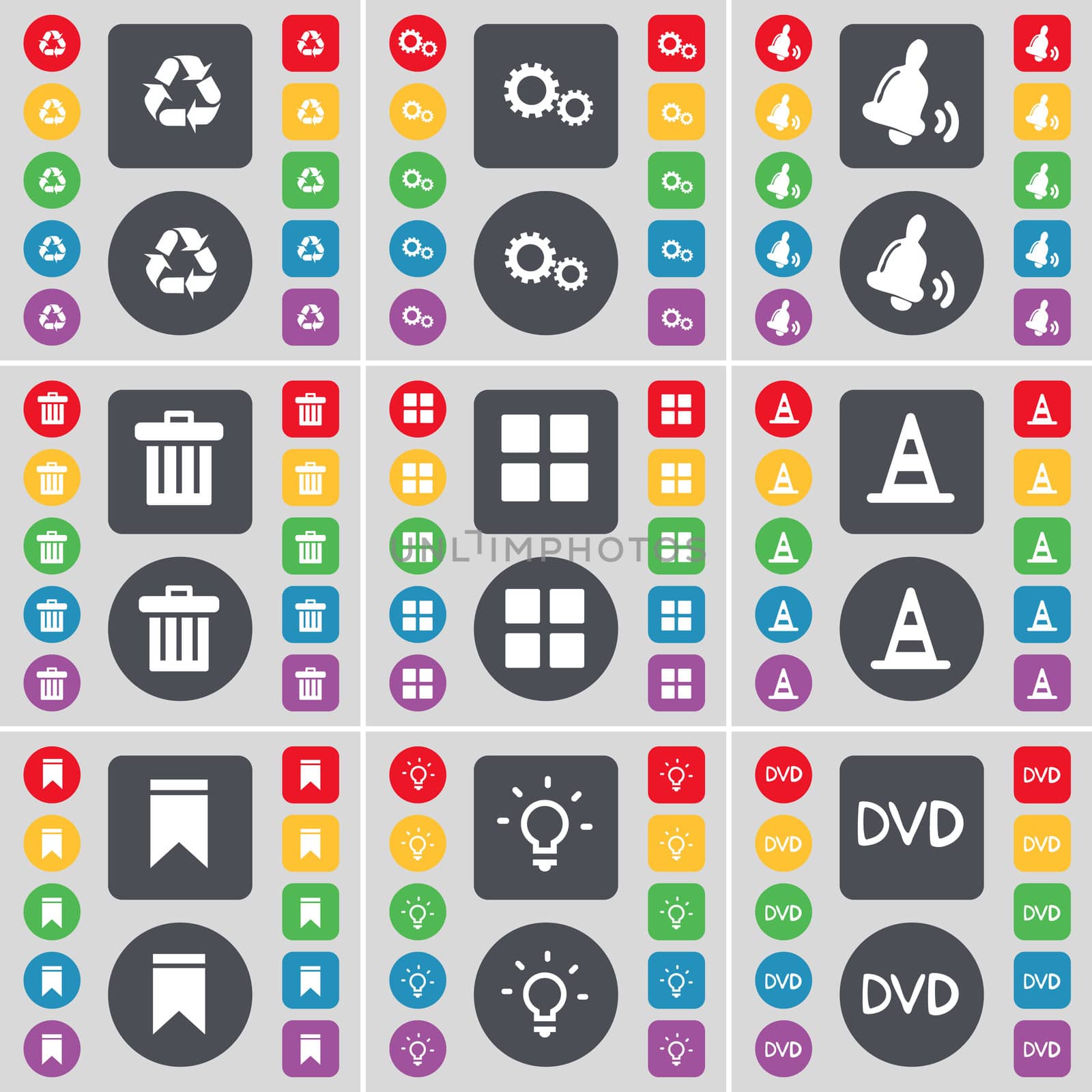 Recycling, Gear, Bell, Trash can, Apps, Cone, Marker, Light bulb, DVD icon symbol. A large set of flat, colored buttons for your design. illustration