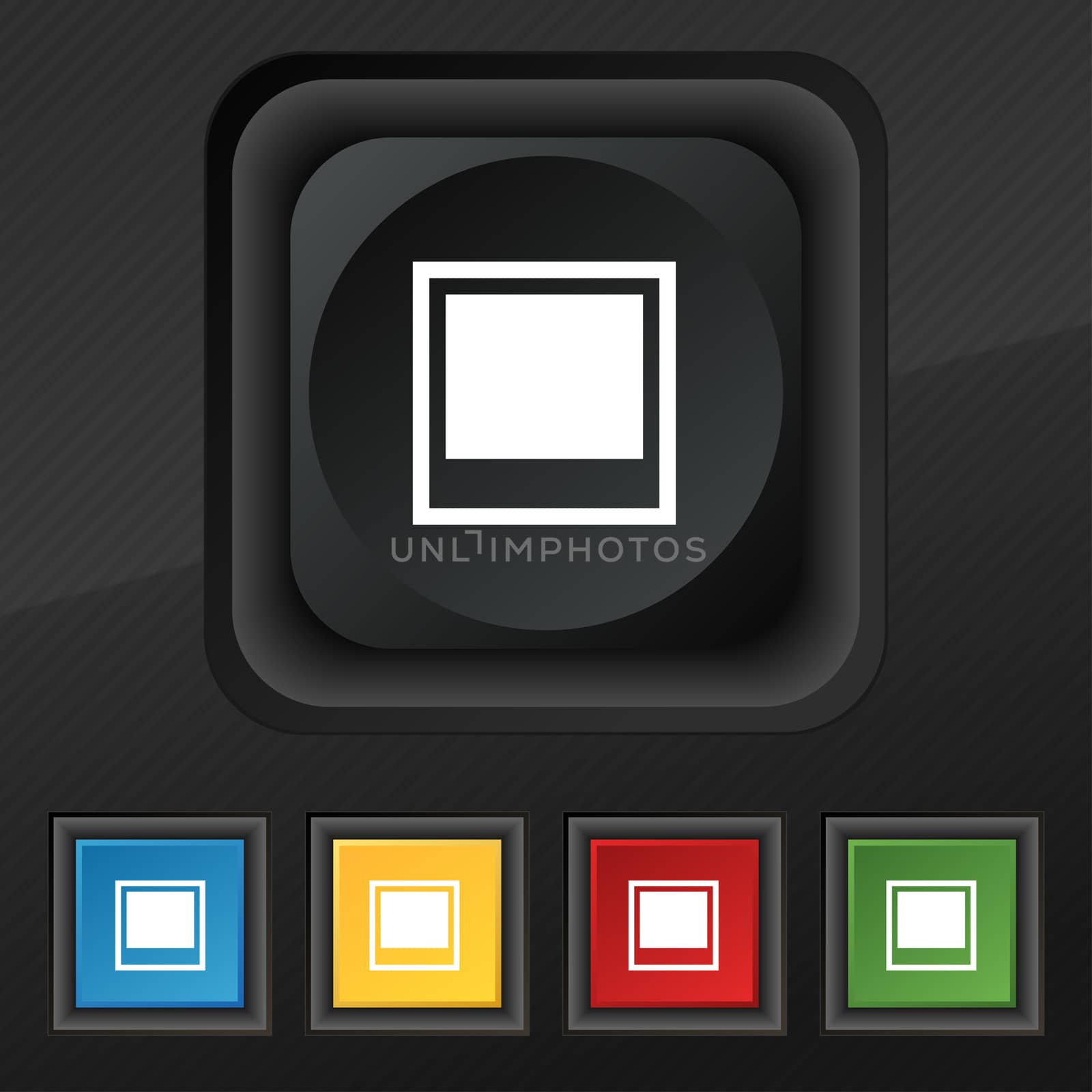 Photo frame template icon symbol. Set of five colorful, stylish buttons on black texture for your design. illustration