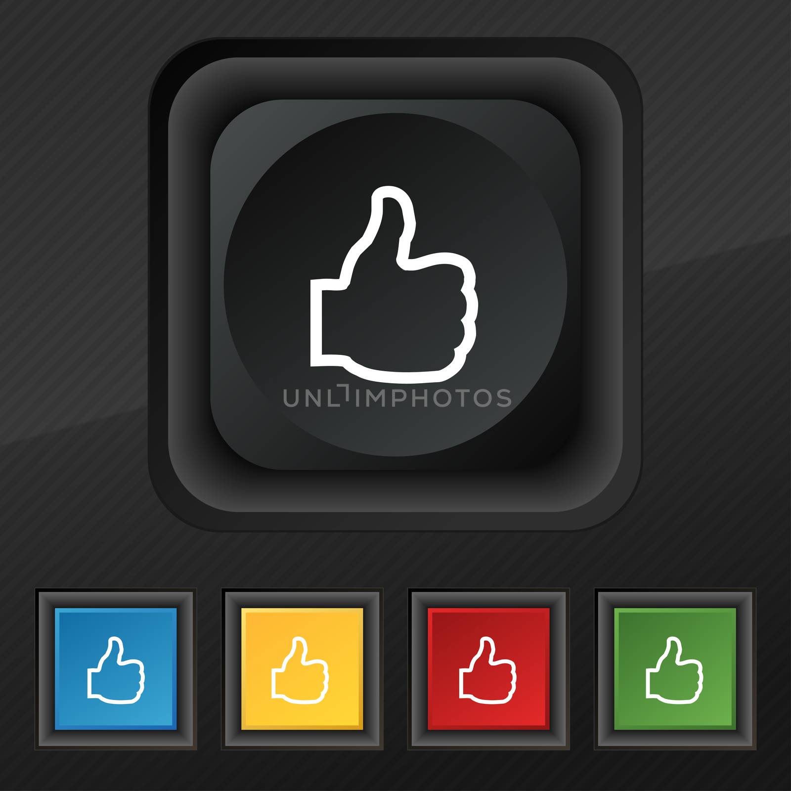 Like icon symbol. Set of five colorful, stylish buttons on black texture for your design.  by serhii_lohvyniuk