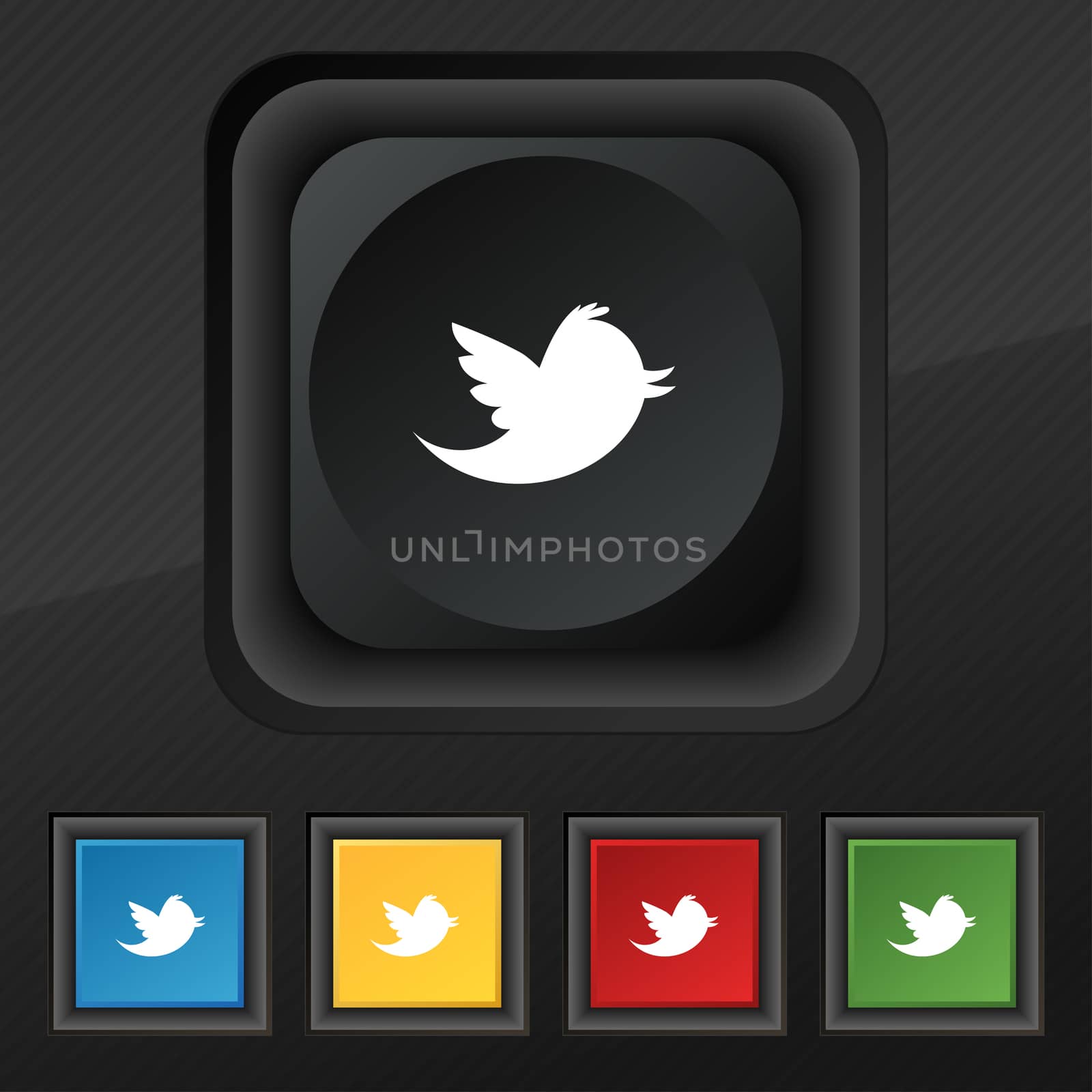 messages retweet icon symbol. Set of five colorful, stylish buttons on black texture for your design.  by serhii_lohvyniuk