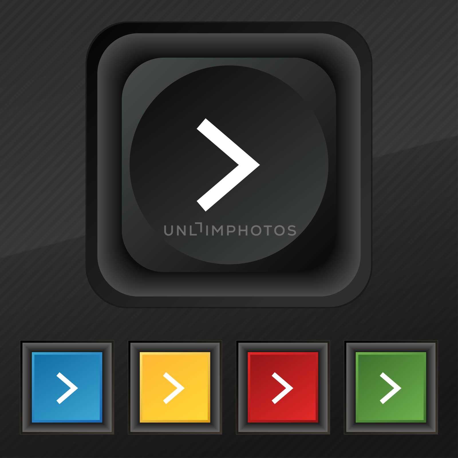 Arrow right, Next icon symbol. Set of five colorful, stylish buttons on black texture for your design.  by serhii_lohvyniuk
