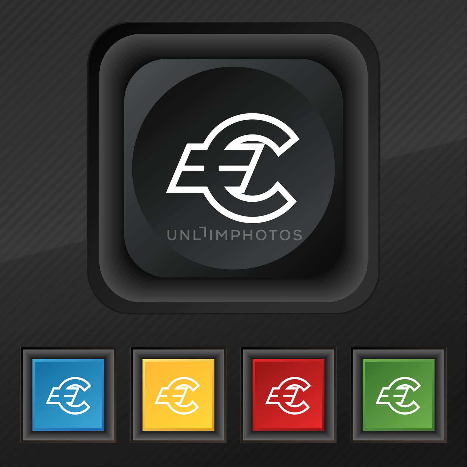 Euro EUR icon symbol. Set of five colorful, stylish buttons on black texture for your design.  by serhii_lohvyniuk