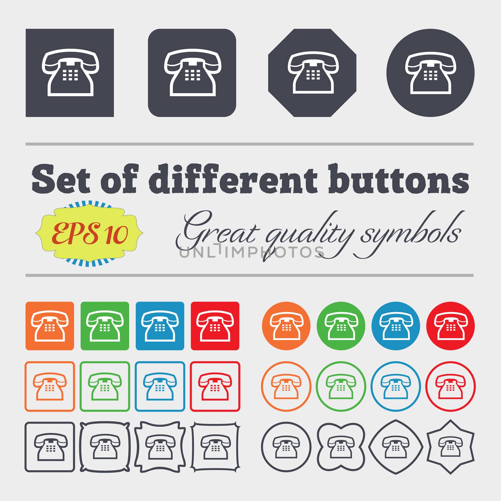 retro telephone handset icon sign. Big set of colorful, diverse, high-quality buttons. illustration