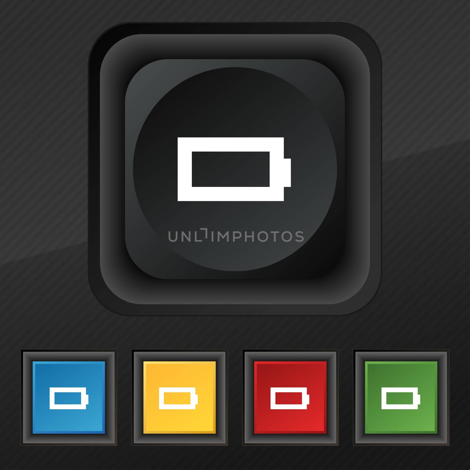 Battery empty icon symbol. Set of five colorful, stylish buttons on black texture for your design.  by serhii_lohvyniuk