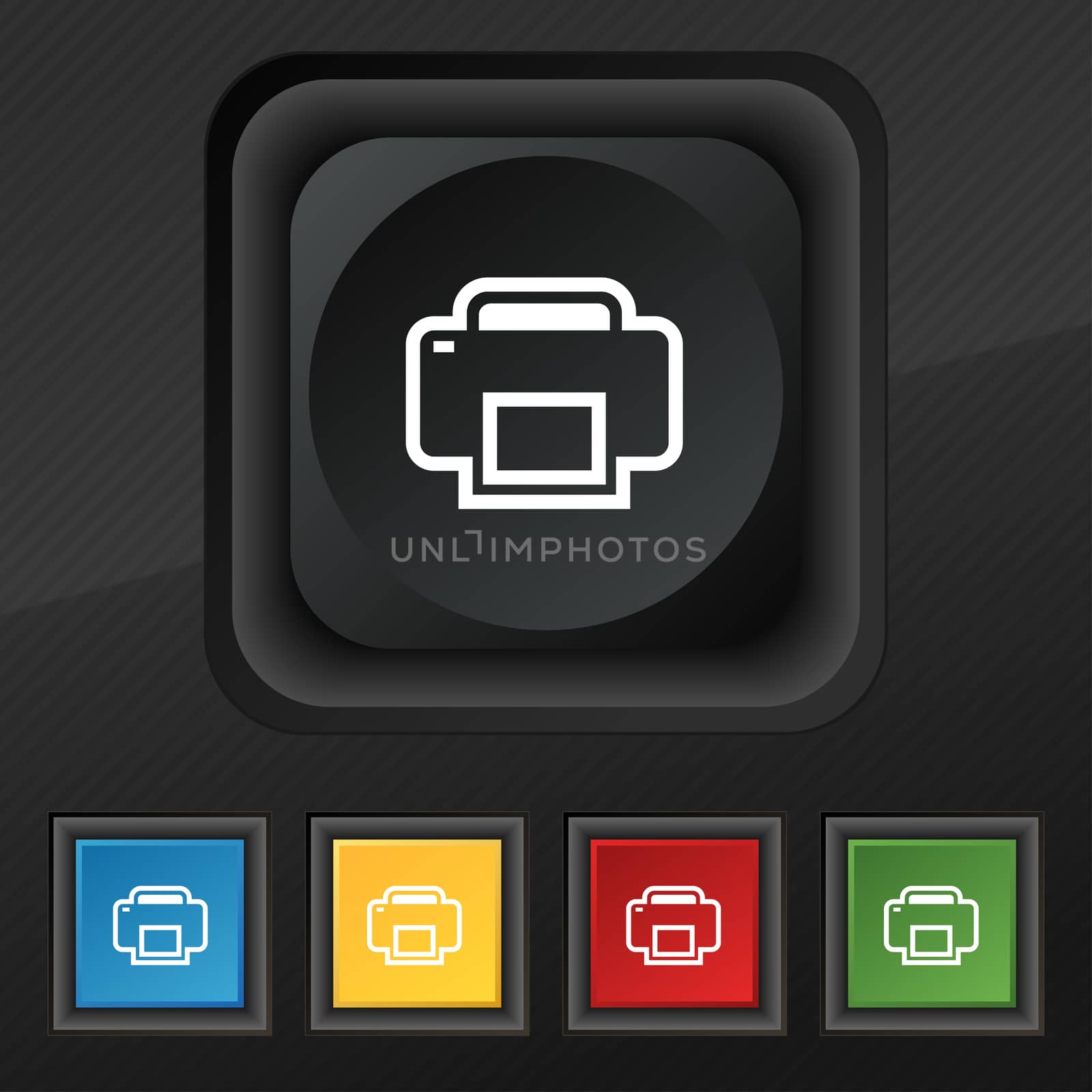 Printing icon symbol. Set of five colorful, stylish buttons on black texture for your design.  by serhii_lohvyniuk