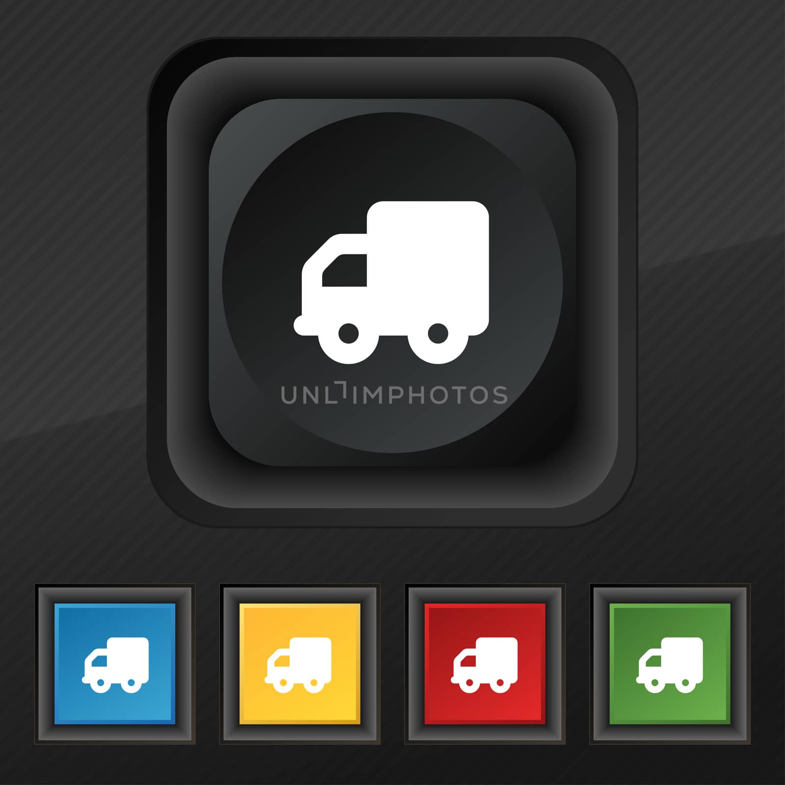Delivery truck icon symbol. Set of five colorful, stylish buttons on black texture for your design.  by serhii_lohvyniuk