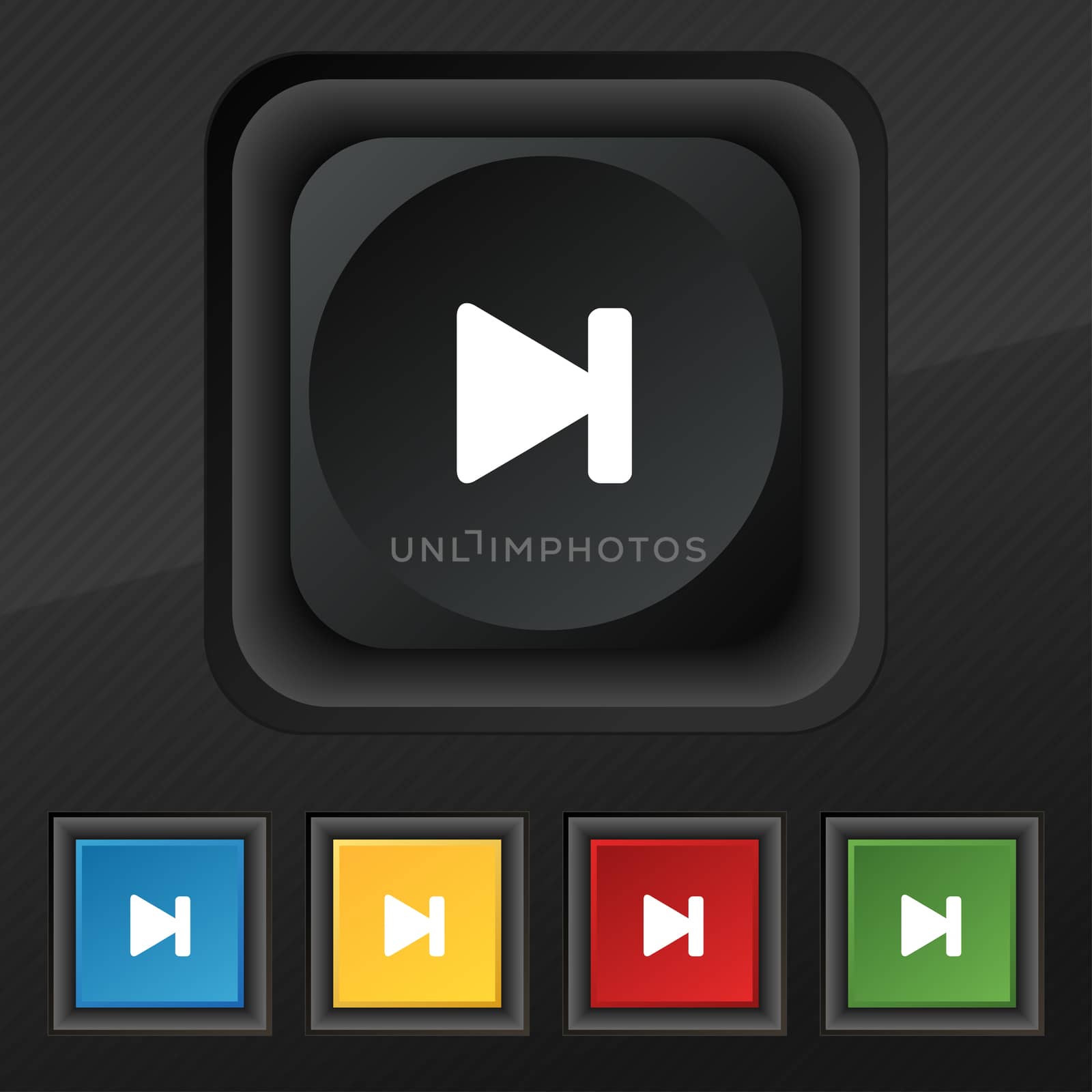 next track icon symbol. Set of five colorful, stylish buttons on black texture for your design.  by serhii_lohvyniuk