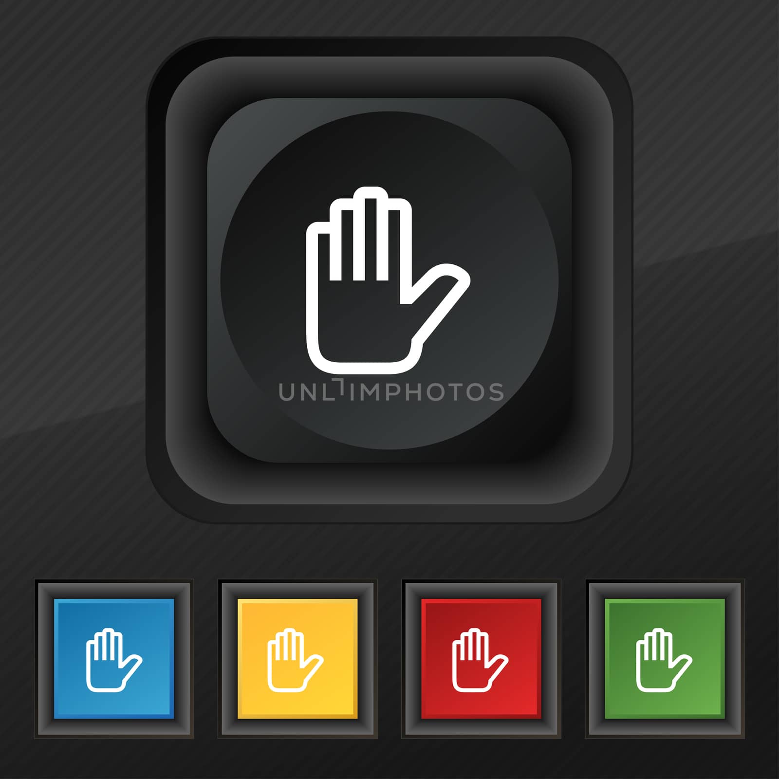 Hand print, Stop icon symbol. Set of five colorful, stylish buttons on black texture for your design.  by serhii_lohvyniuk