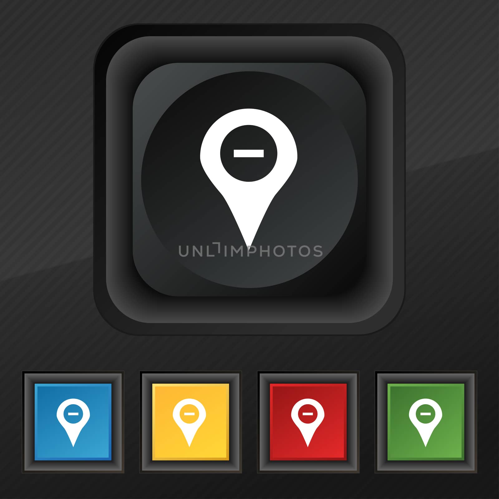 Minus Map pointer, GPS location icon symbol. Set of five colorful, stylish buttons on black texture for your design.  by serhii_lohvyniuk