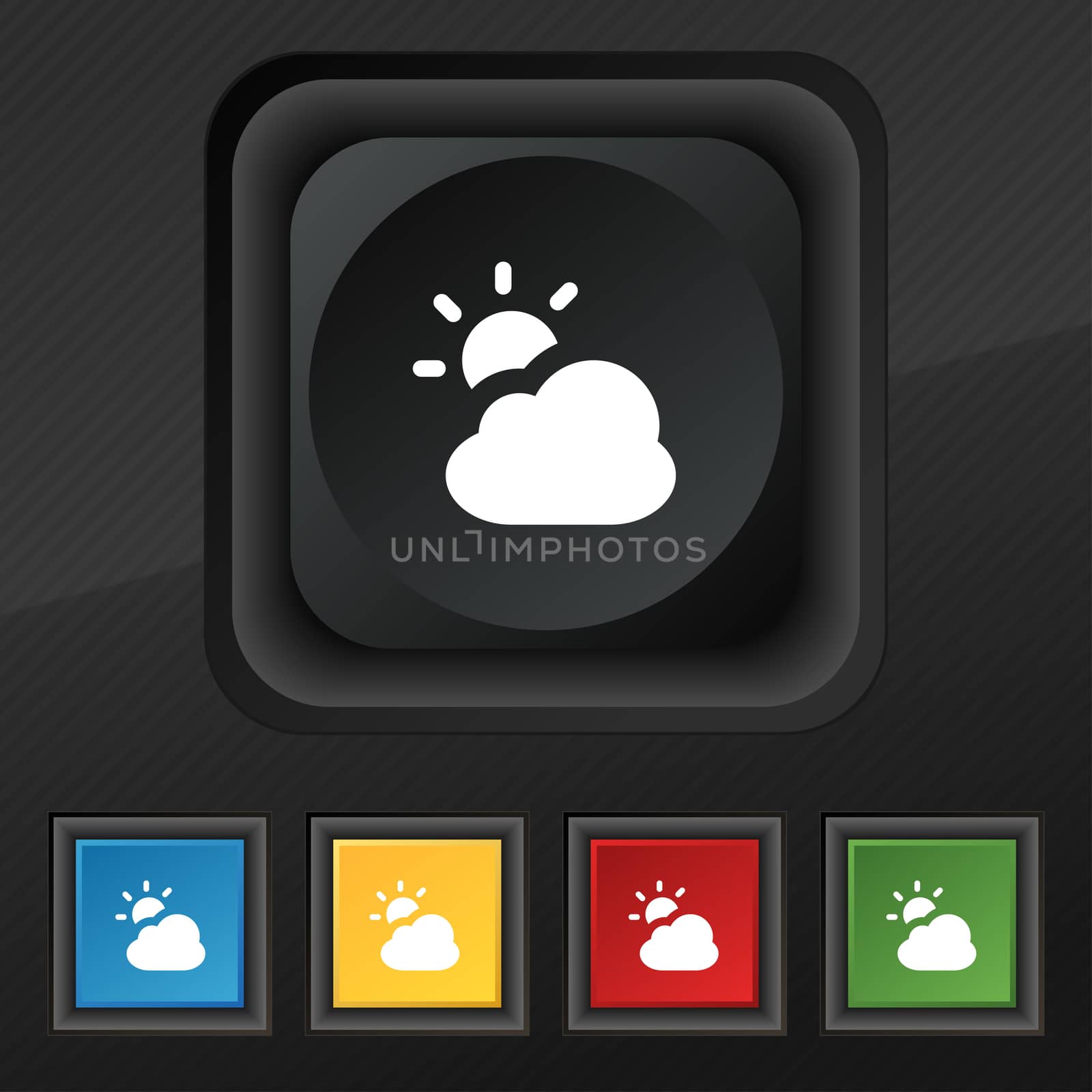 weather icon symbol. Set of five colorful, stylish buttons on black texture for your design.  by serhii_lohvyniuk