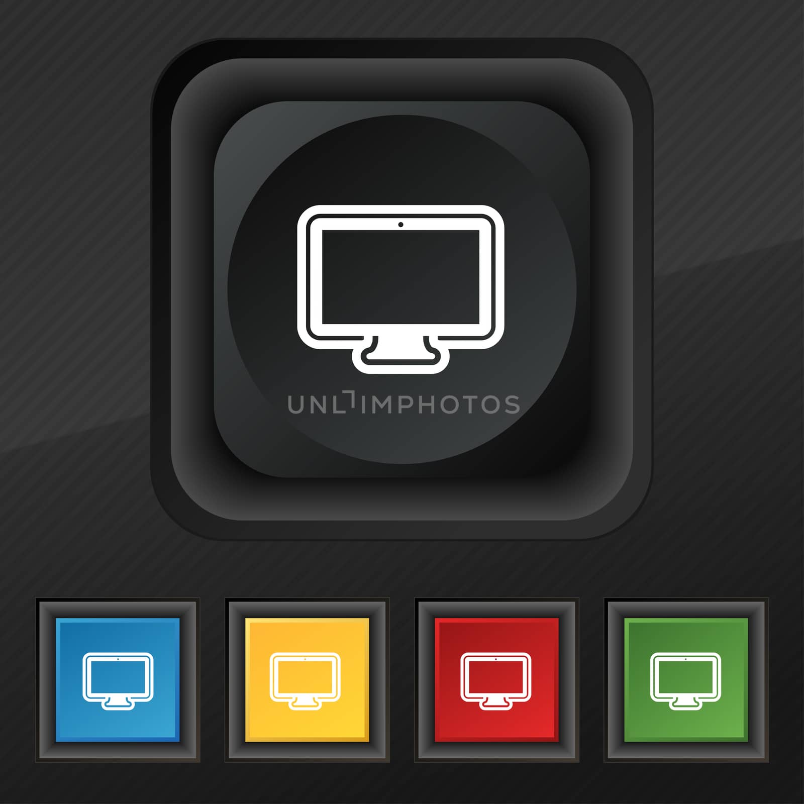 monitor icon symbol. Set of five colorful, stylish buttons on black texture for your design.  by serhii_lohvyniuk