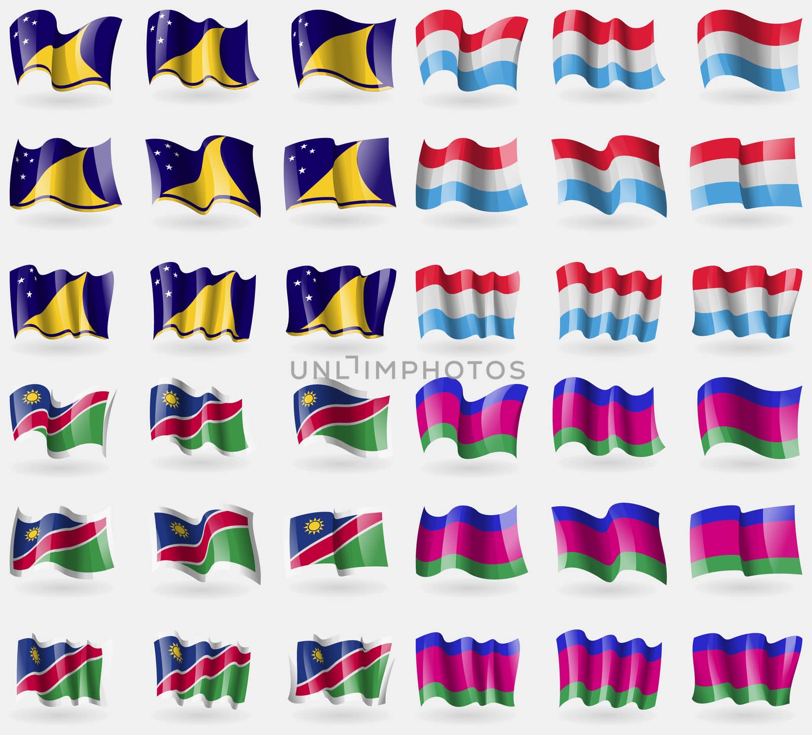 Tokelau, Luxembourg, Namibia, Kuban Republic. Set of 36 flags of the countries of the world. illustration