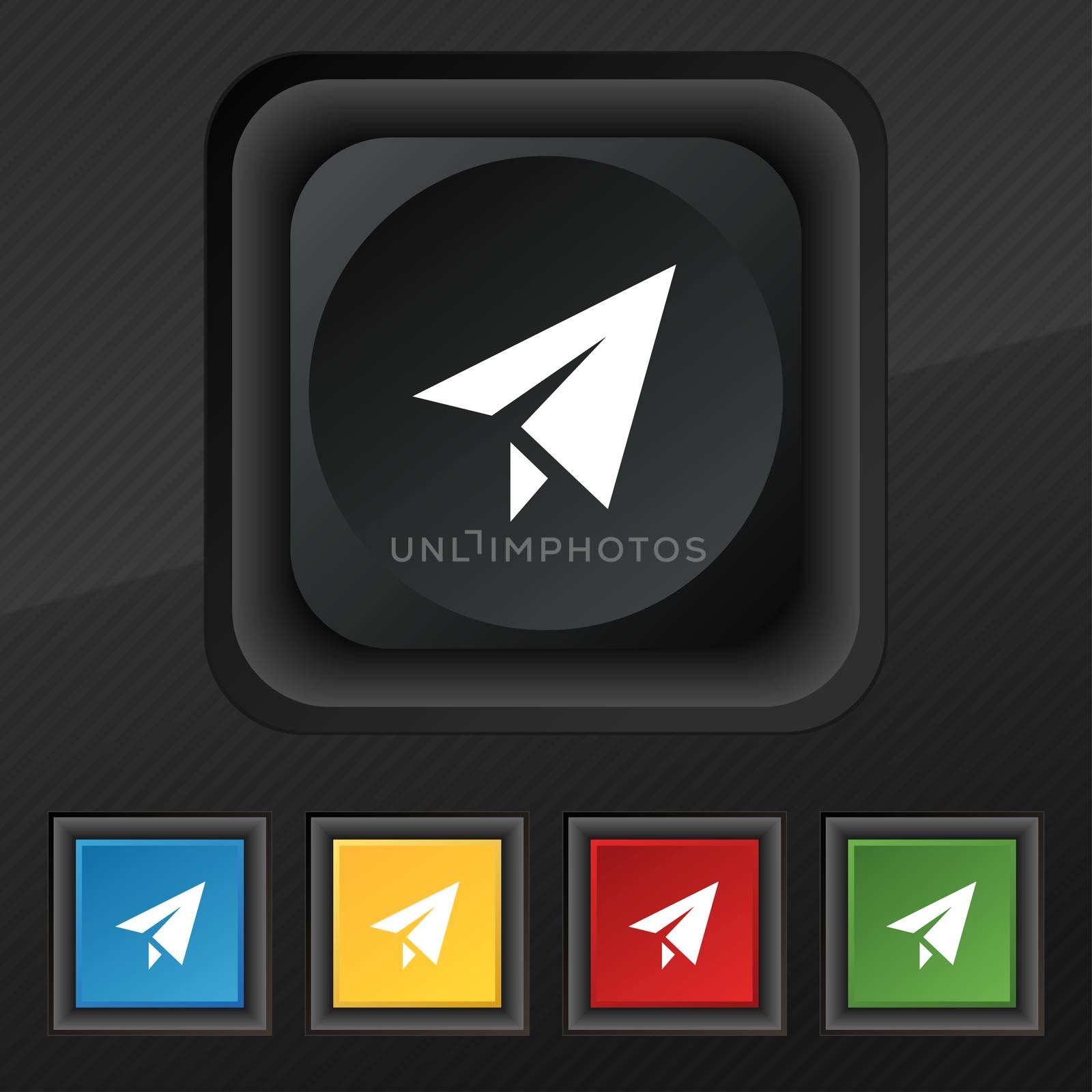 Paper airplane icon symbol. Set of five colorful, stylish buttons on black texture for your design.  by serhii_lohvyniuk