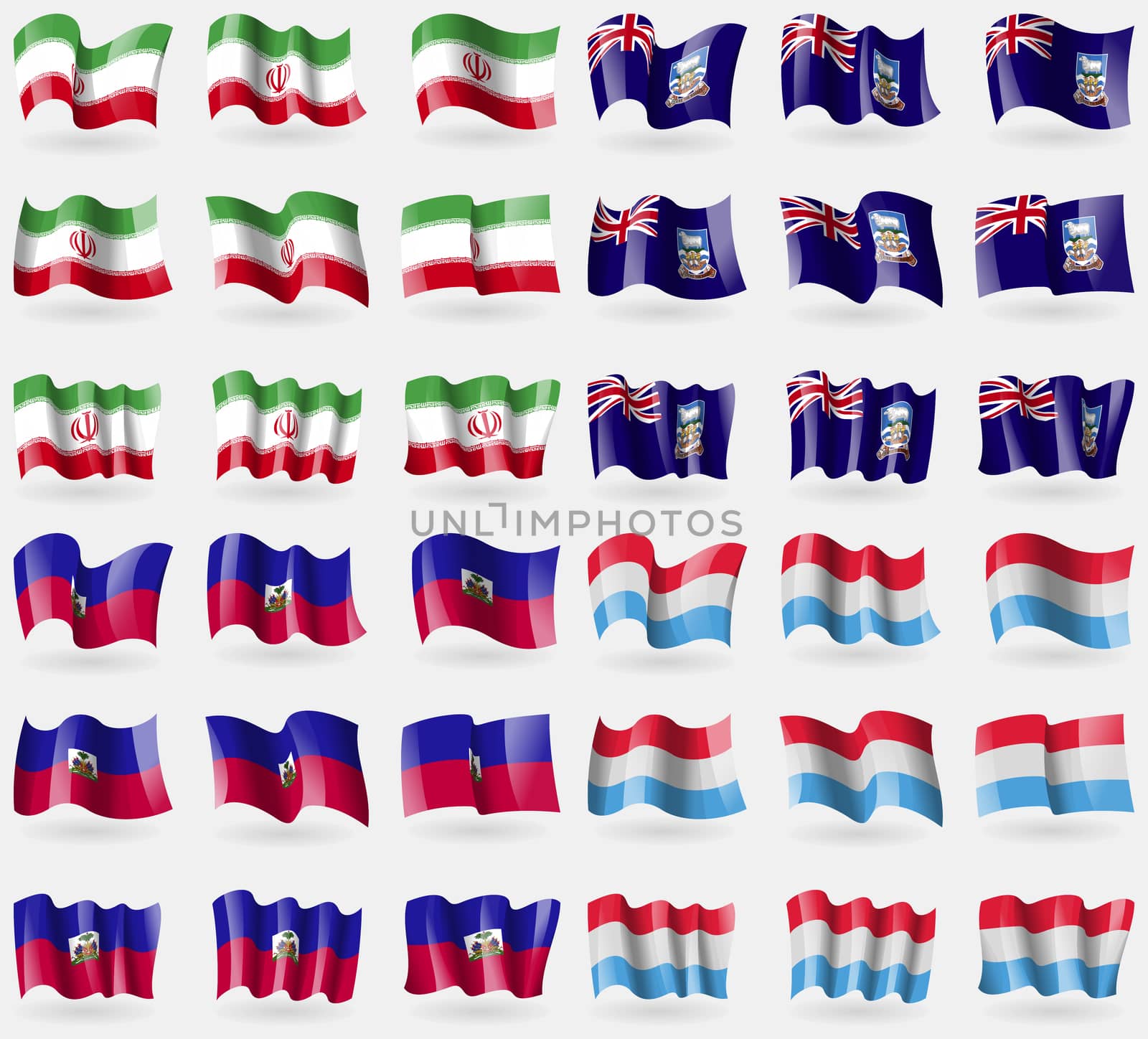 Iran, Falkland Islands, Haiti, Luxembourg. Set of 36 flags of the countries of the world.  by serhii_lohvyniuk